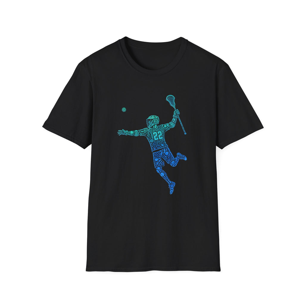 Lacrosse Player Graphic T-Shirt — Blue Gradient Stick Figure with Number 22