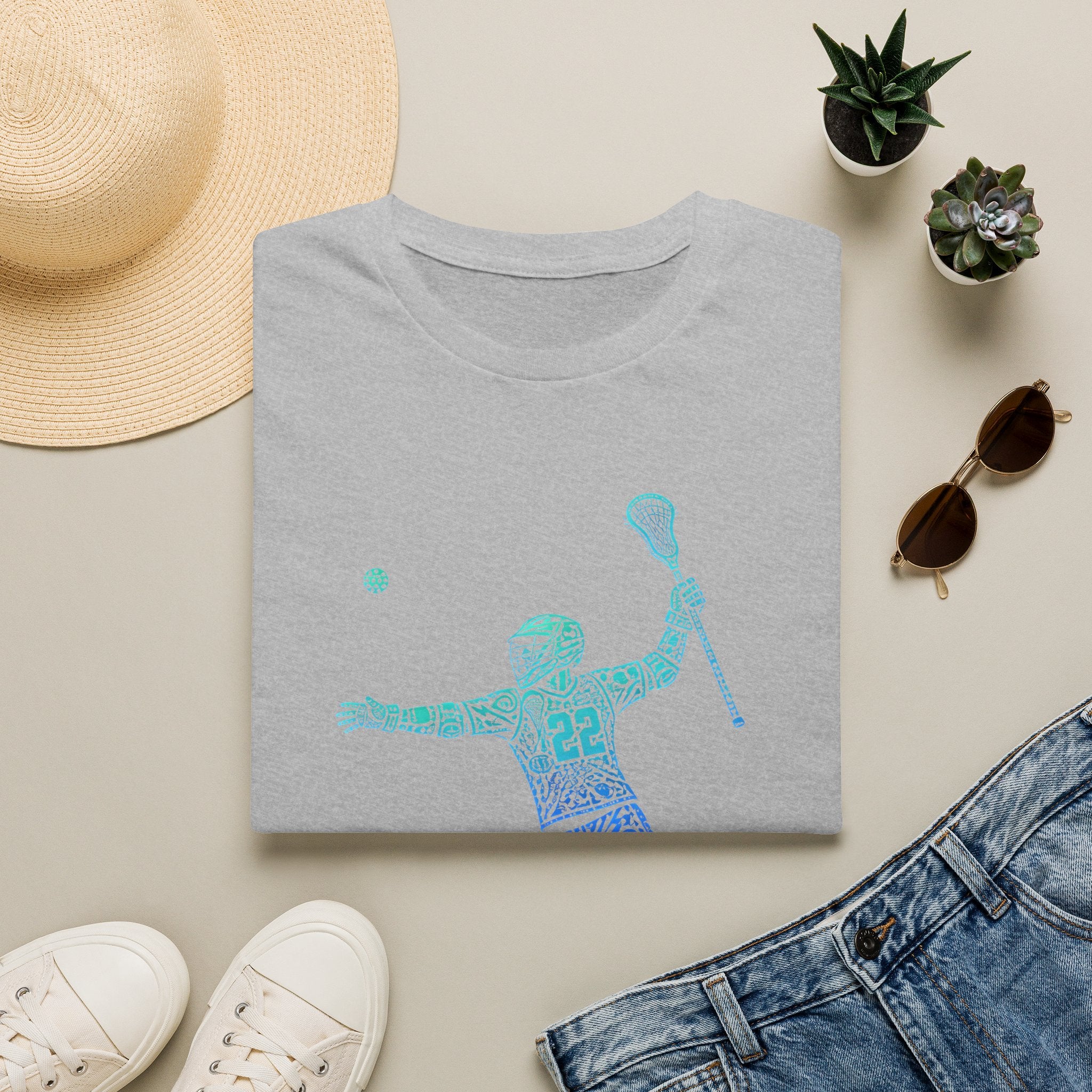 Lacrosse Player Graphic T-Shirt — Blue Gradient Stick Figure with Number 22
