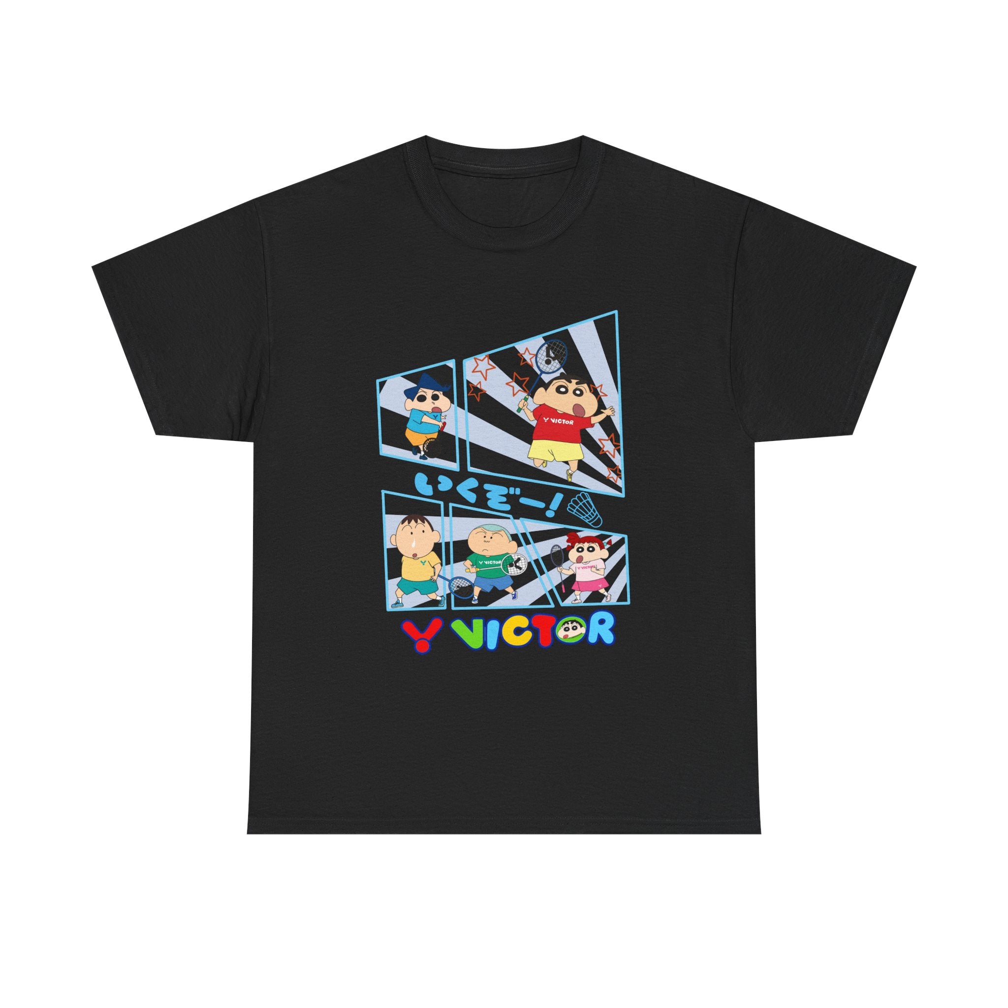 Crayon Shin-chan Cartoon Panel T-Shirt – Colorful Graphic Badminton Tee