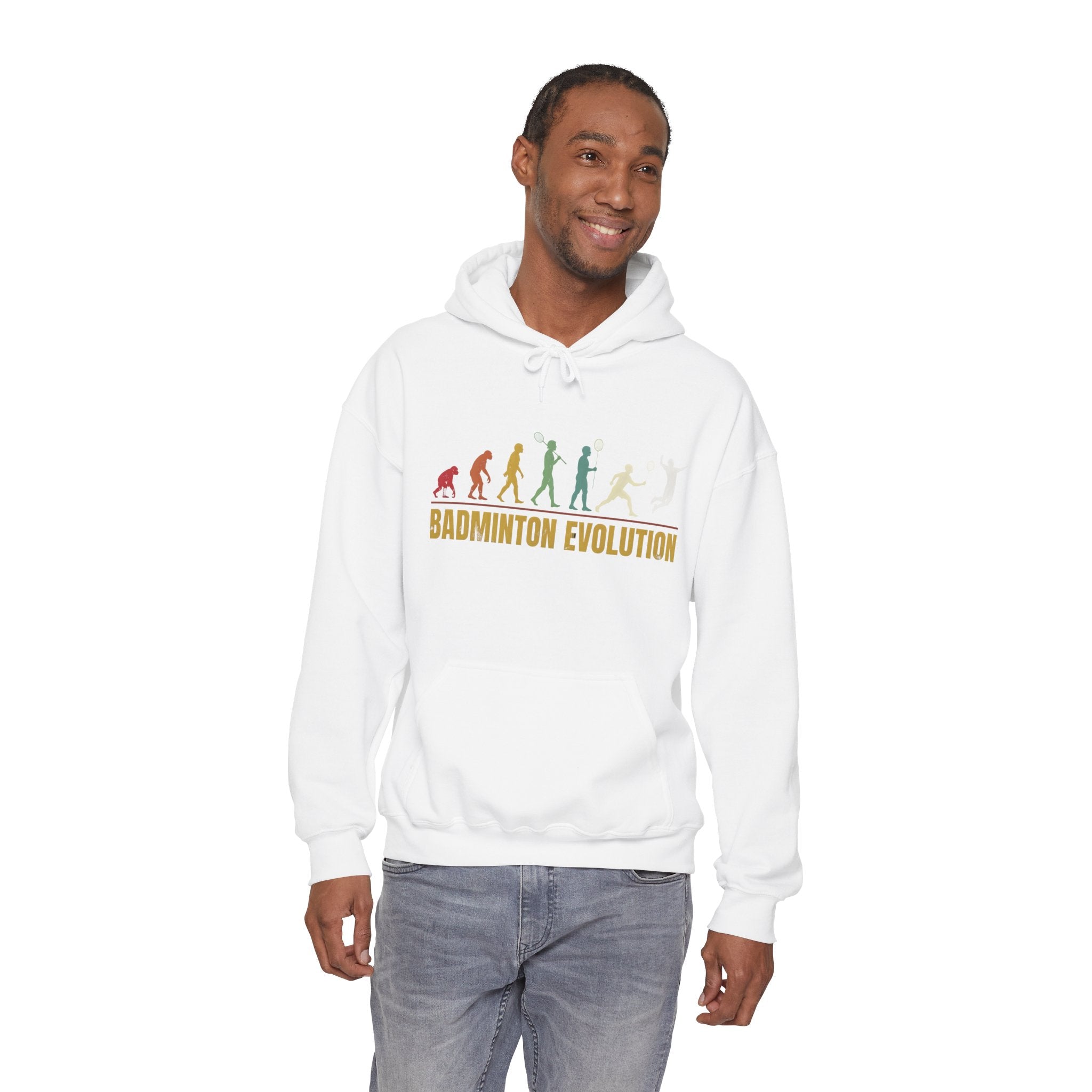 Badminton Evolution Hoodie — Retro Player Silhouette Badminton Sweatshirt