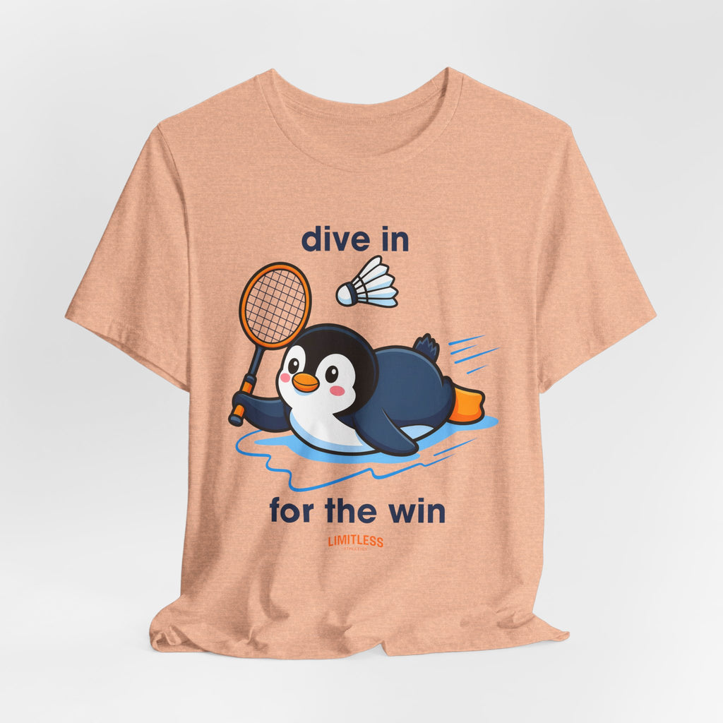 Penguin Badminton Tee — "Dive In for the Win" Cute Sports Graphic T-Shirt