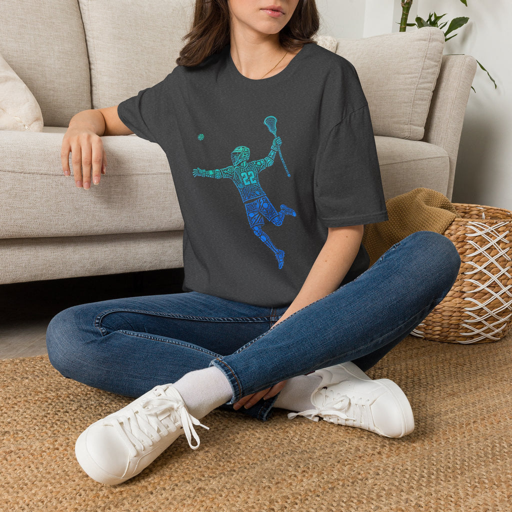 Lacrosse Player Graphic T-Shirt — Blue Gradient Stick Figure with Number 22