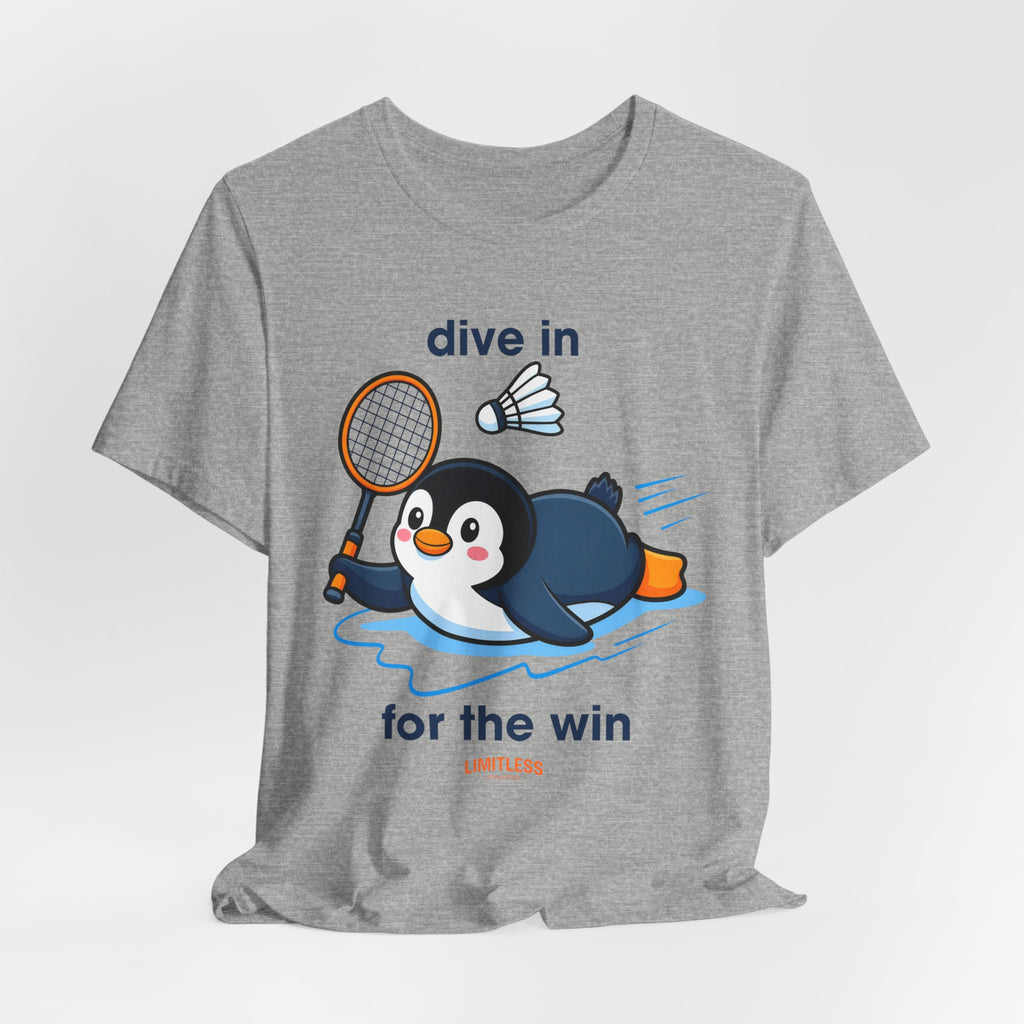 Penguin Badminton Tee — "Dive In for the Win" Cute Sports Graphic T-Shirt