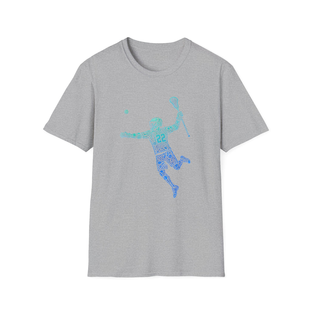 Lacrosse Player Graphic T-Shirt — Blue Gradient Stick Figure with Number 22
