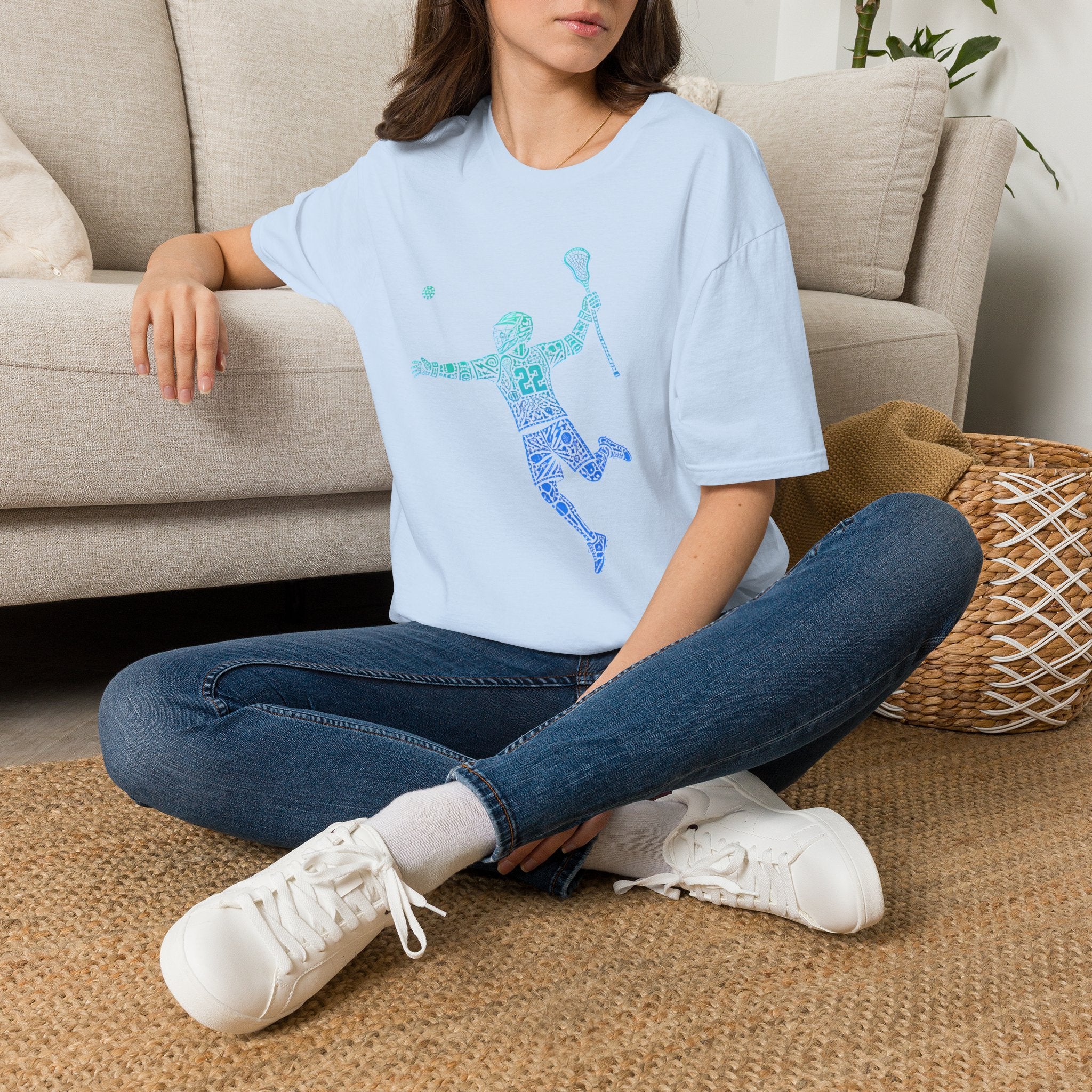 Lacrosse Player Graphic T-Shirt — Blue Gradient Stick Figure with Number 22