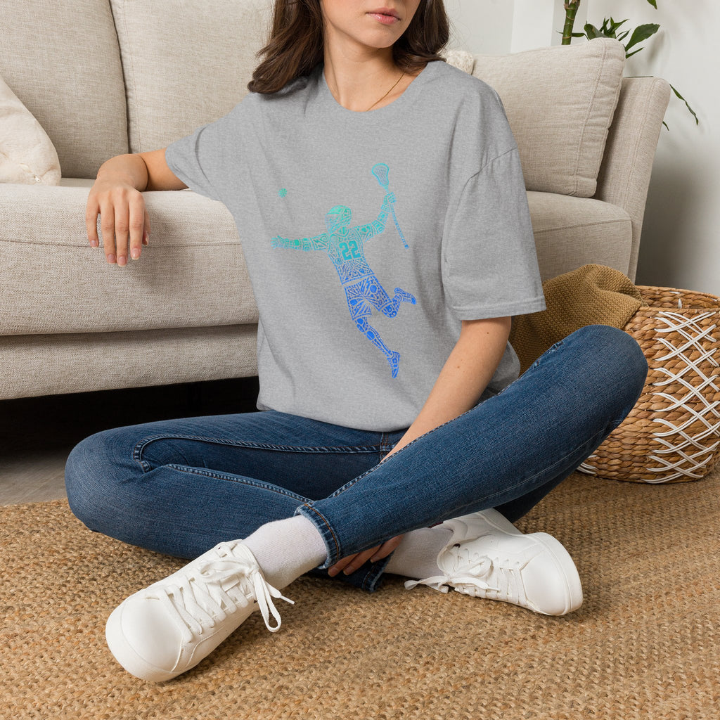 Lacrosse Player Graphic T-Shirt — Blue Gradient Stick Figure with Number 22