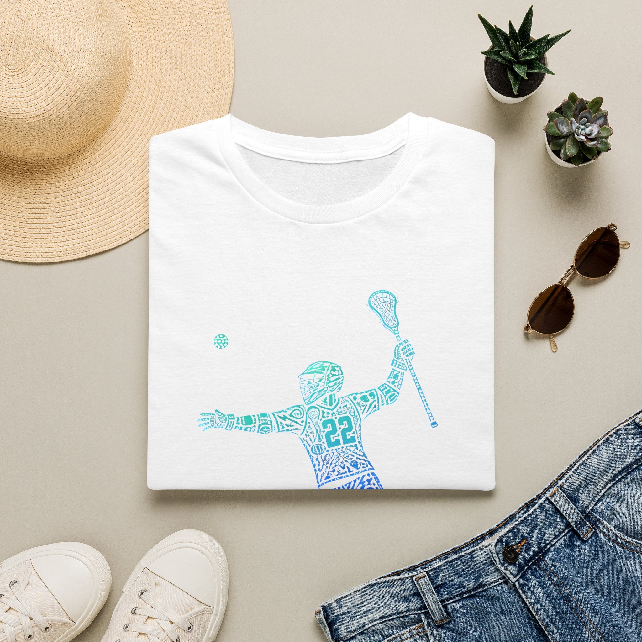 Lacrosse Player Graphic T-Shirt — Blue Gradient Stick Figure with Number 22