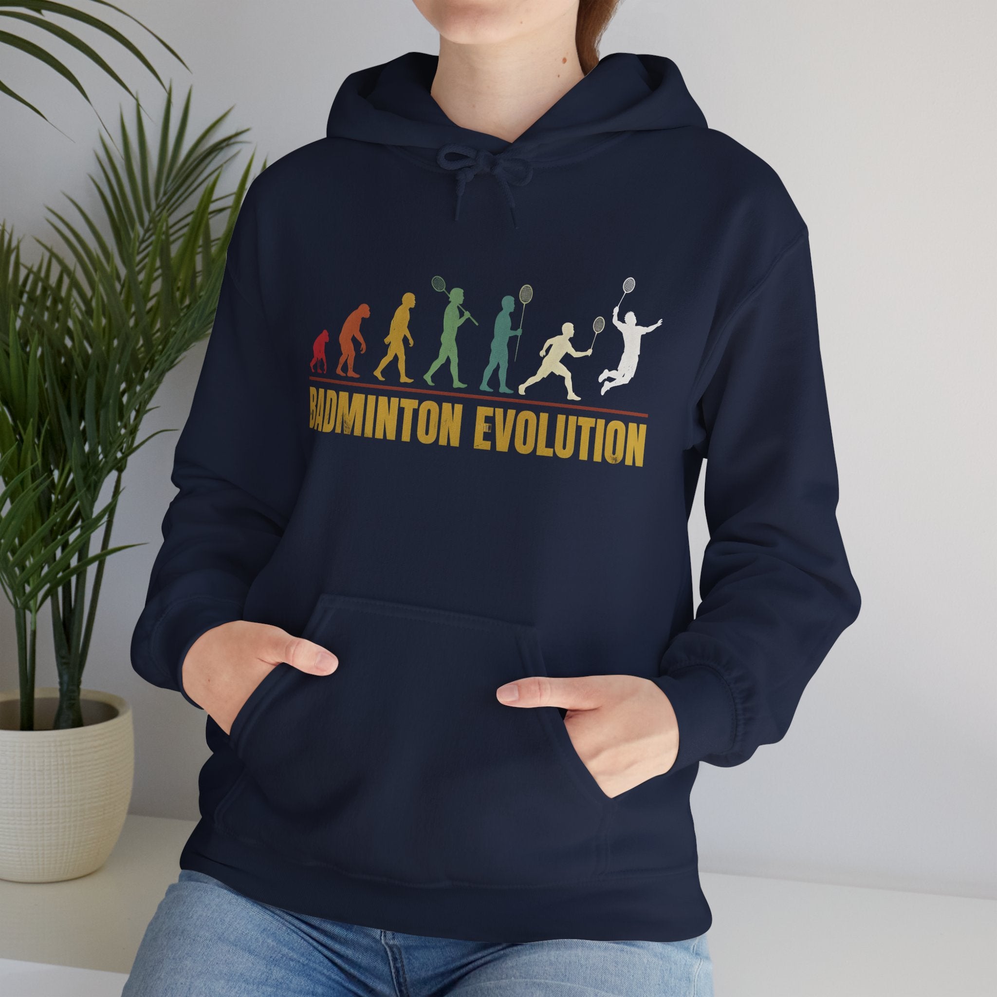 Badminton Evolution Hoodie — Retro Player Silhouette Badminton Sweatshirt