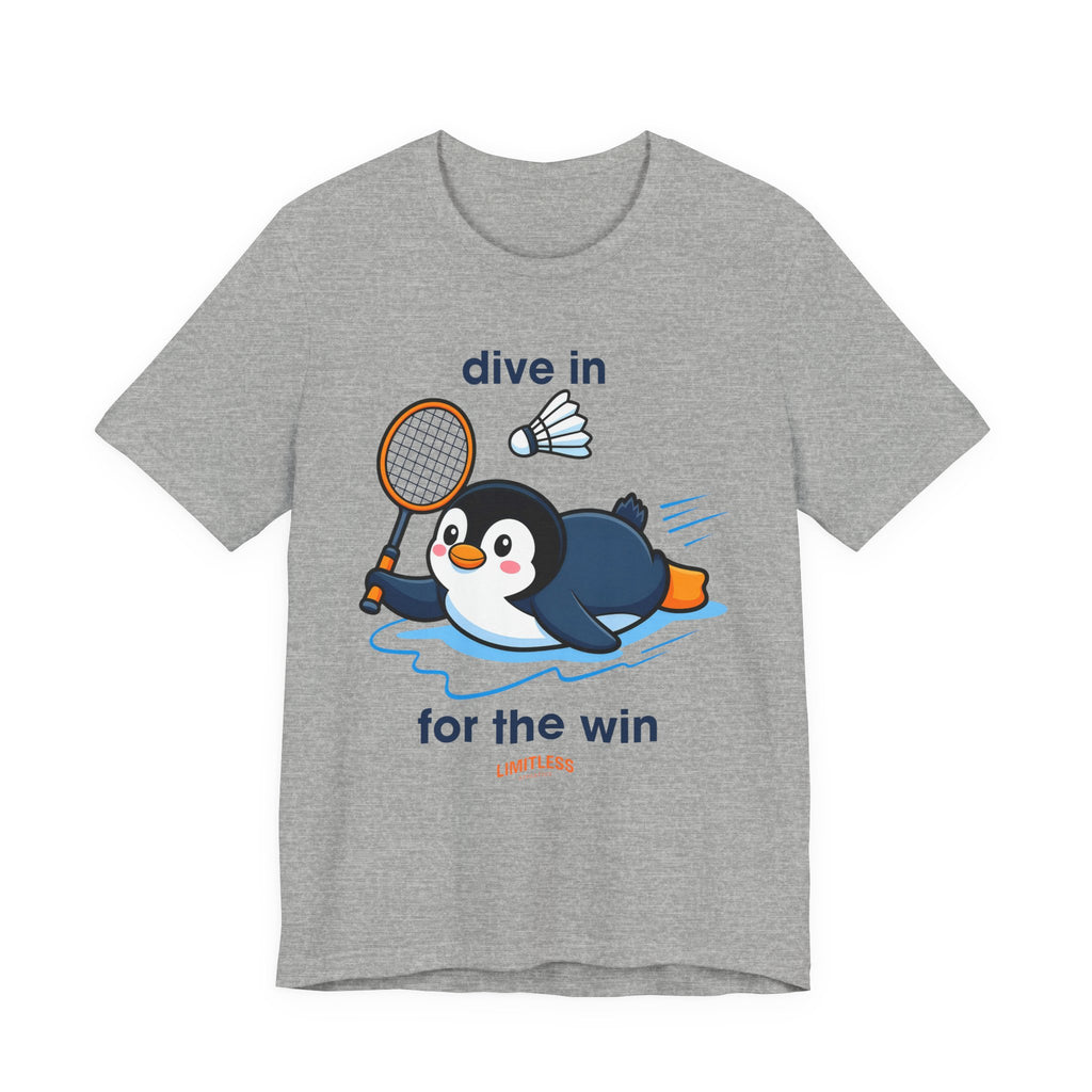 Penguin Badminton Tee — "Dive In for the Win" Cute Sports Graphic T-Shirt