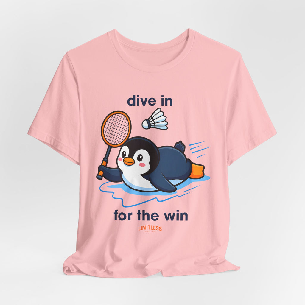 Penguin Badminton Tee — "Dive In for the Win" Cute Sports Graphic T-Shirt