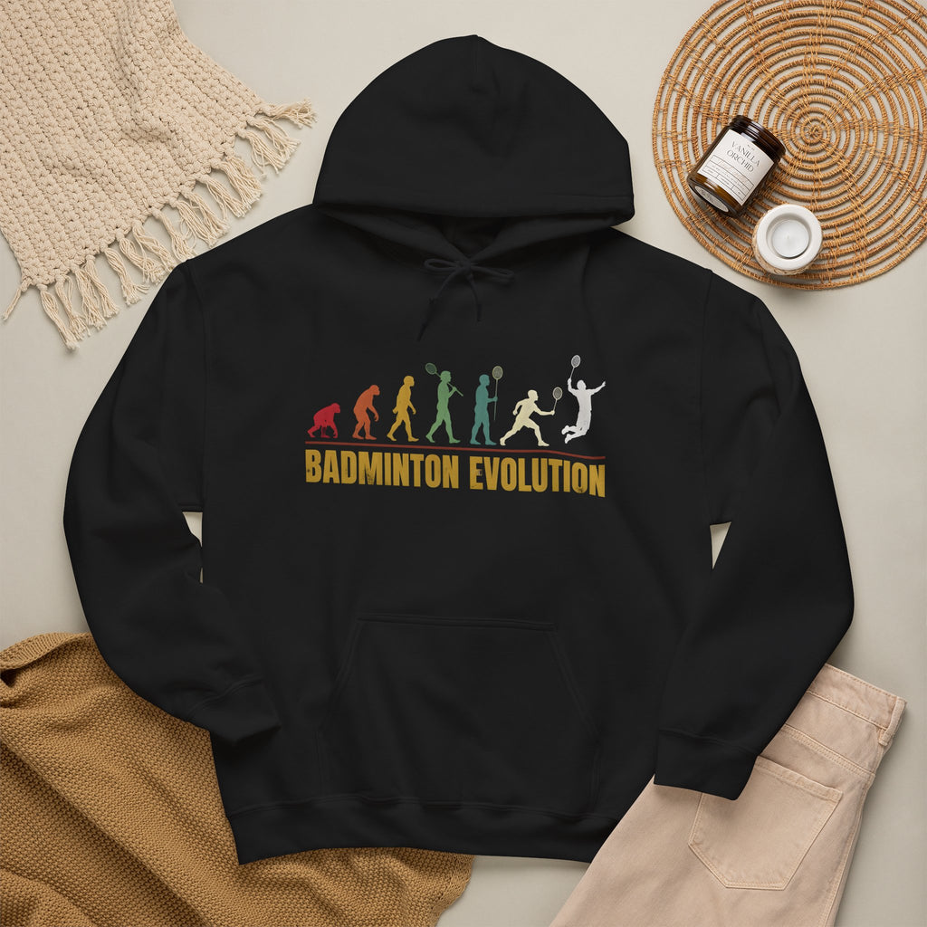 Badminton Evolution Hoodie — Retro Player Silhouette Badminton Sweatshirt