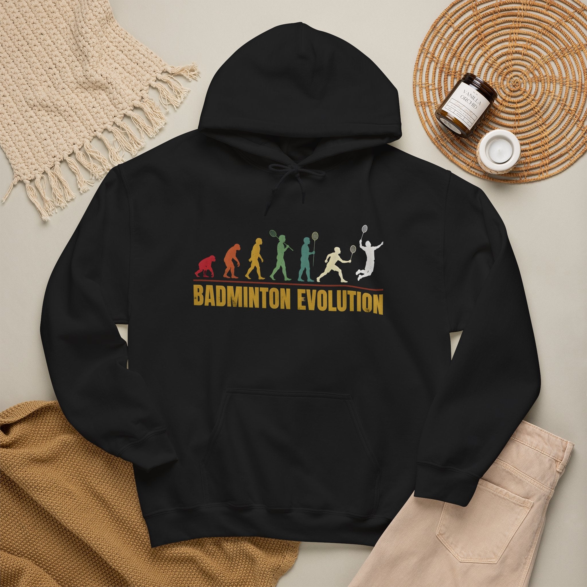 Badminton Evolution Hoodie — Retro Player Silhouette Badminton Sweatshirt