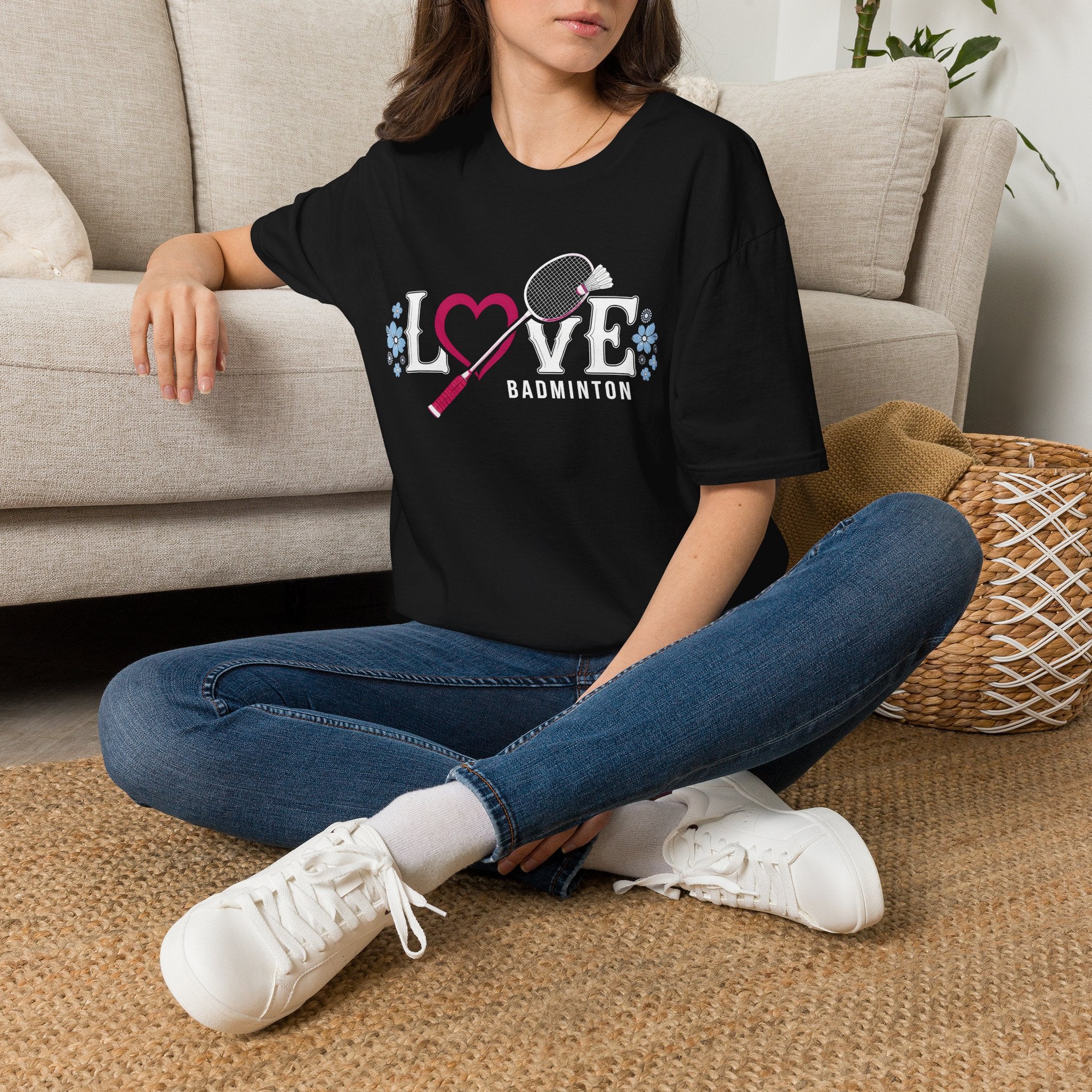 Love Badminton T-Shirt — Heart & Racket Floral Design