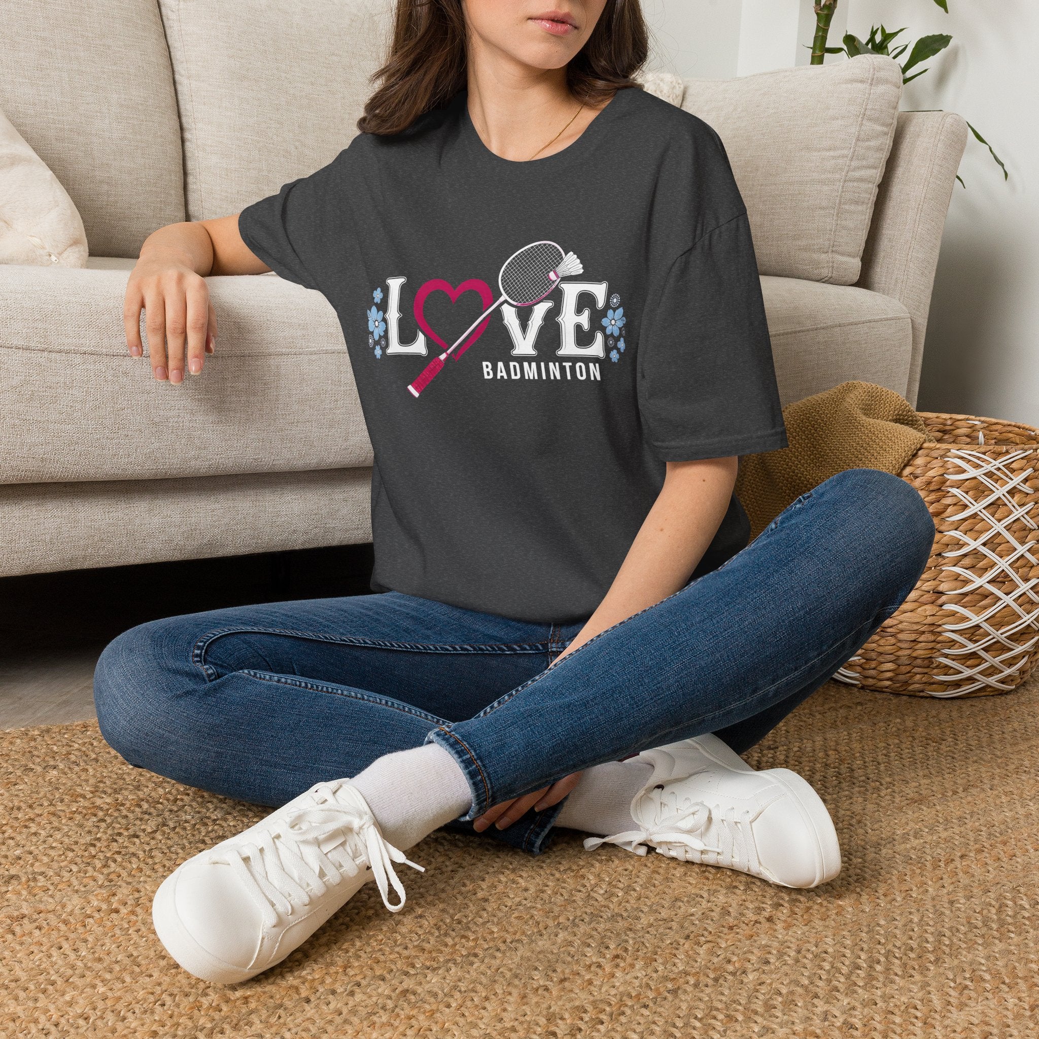 Love Badminton T-Shirt — Heart & Racket Floral Design
