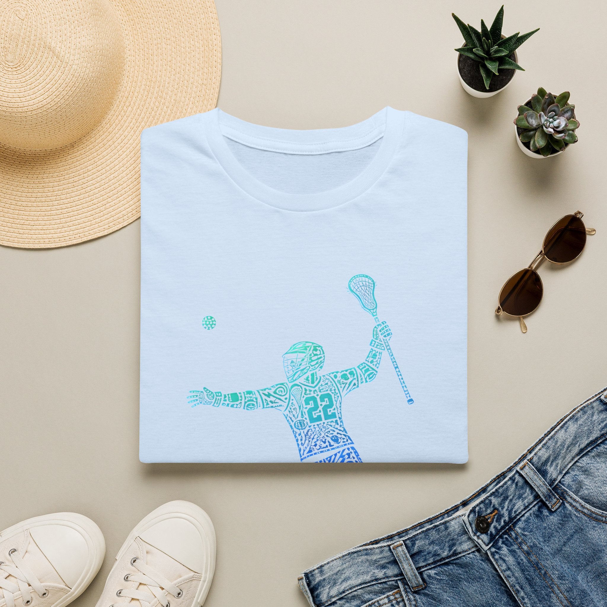 Lacrosse Player Graphic T-Shirt — Blue Gradient Stick Figure with Number 22