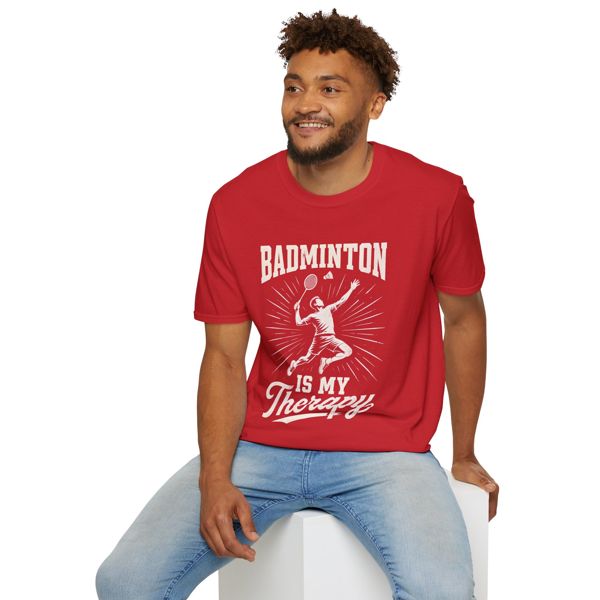 Badminton T-Shirt — "Badminton Is My Therapy" Retro Player Graphic