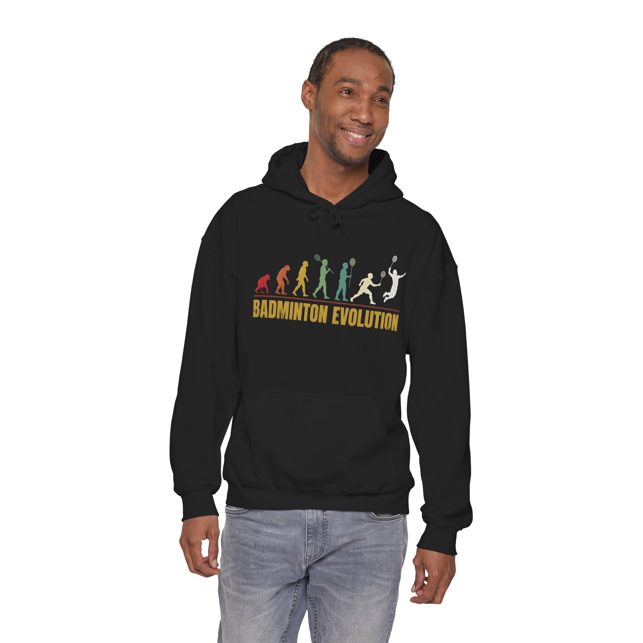 Badminton Evolution Hoodie — Retro Player Silhouette Badminton Sweatshirt