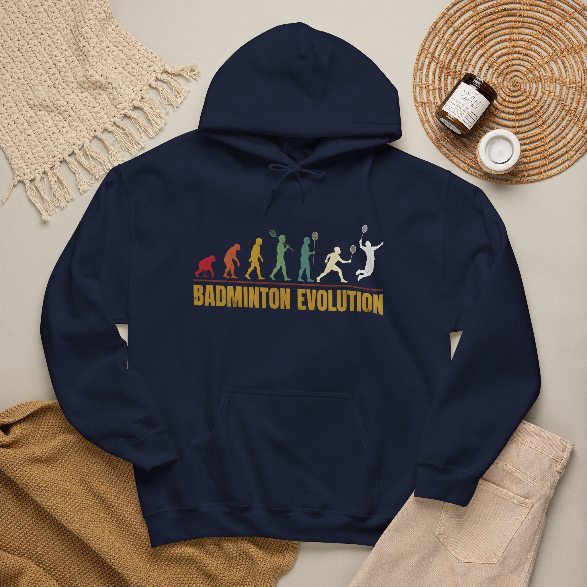 Badminton Evolution Hoodie — Retro Player Silhouette Badminton Sweatshirt