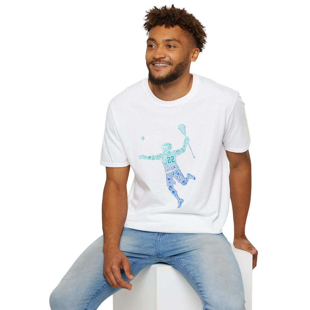 Lacrosse Player Graphic T-Shirt — Blue Gradient Stick Figure with Number 22