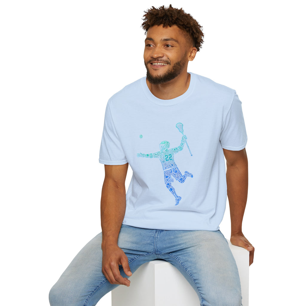 Lacrosse Player Graphic T-Shirt — Blue Gradient Stick Figure with Number 22