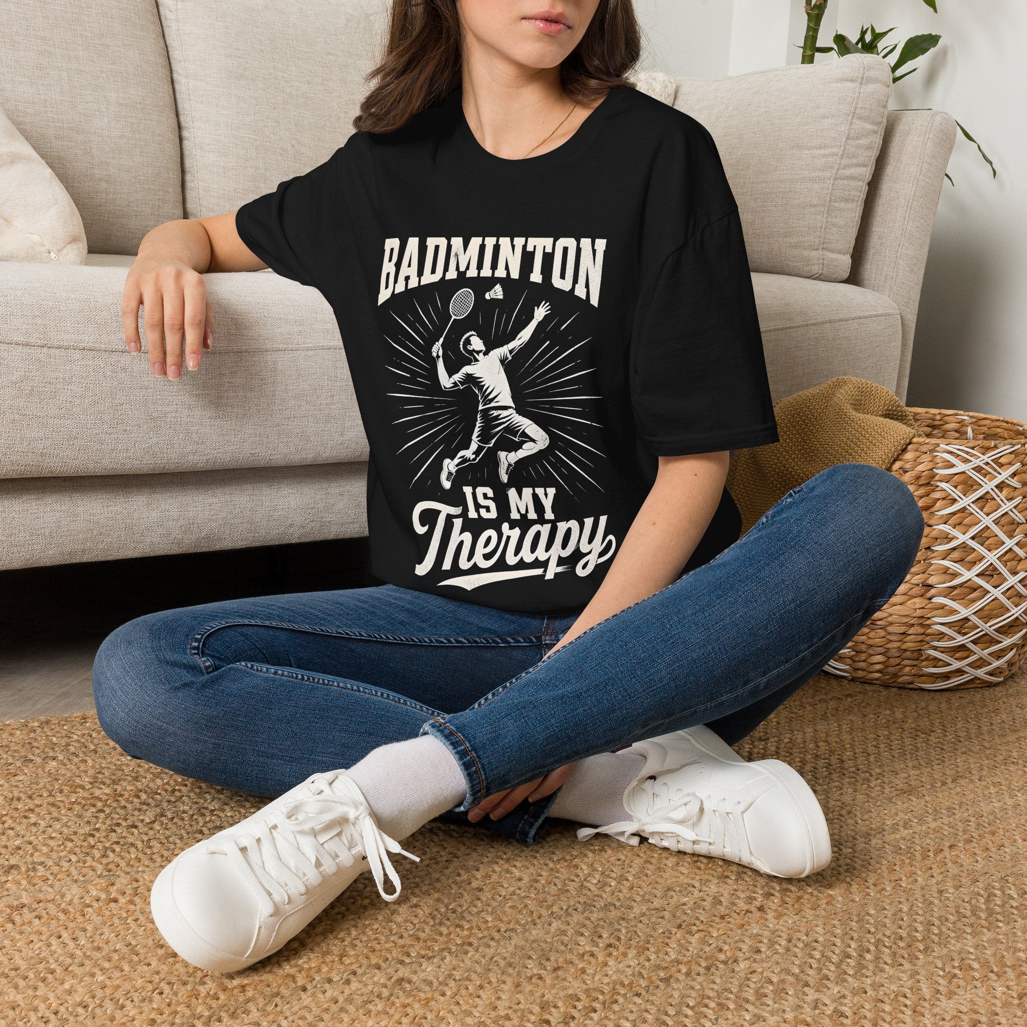 Badminton T-Shirt — "Badminton Is My Therapy" Retro Player Graphic