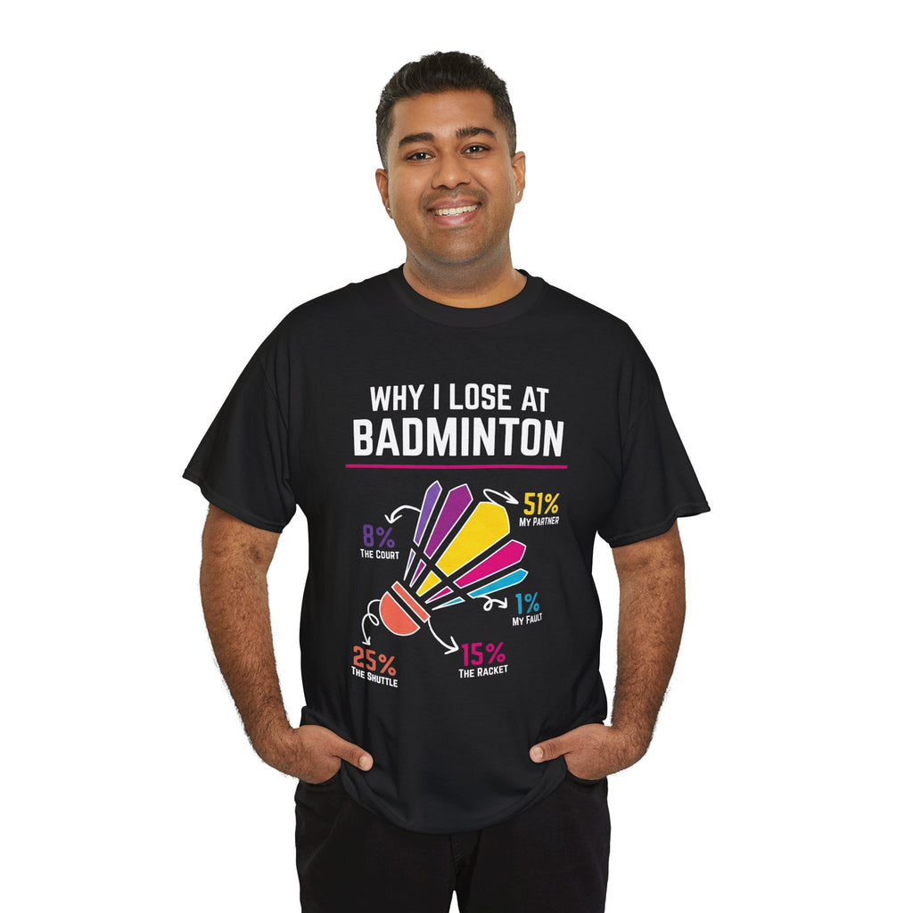 Badminton Graphic Tee — "Why I Lose at Badminton" Funny Shuttlecock Stats T-Shirt