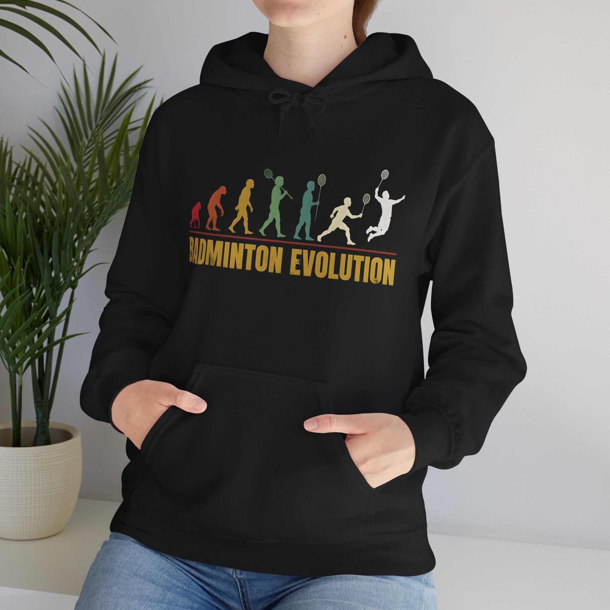 Badminton Evolution Hoodie — Retro Player Silhouette Badminton Sweatshirt