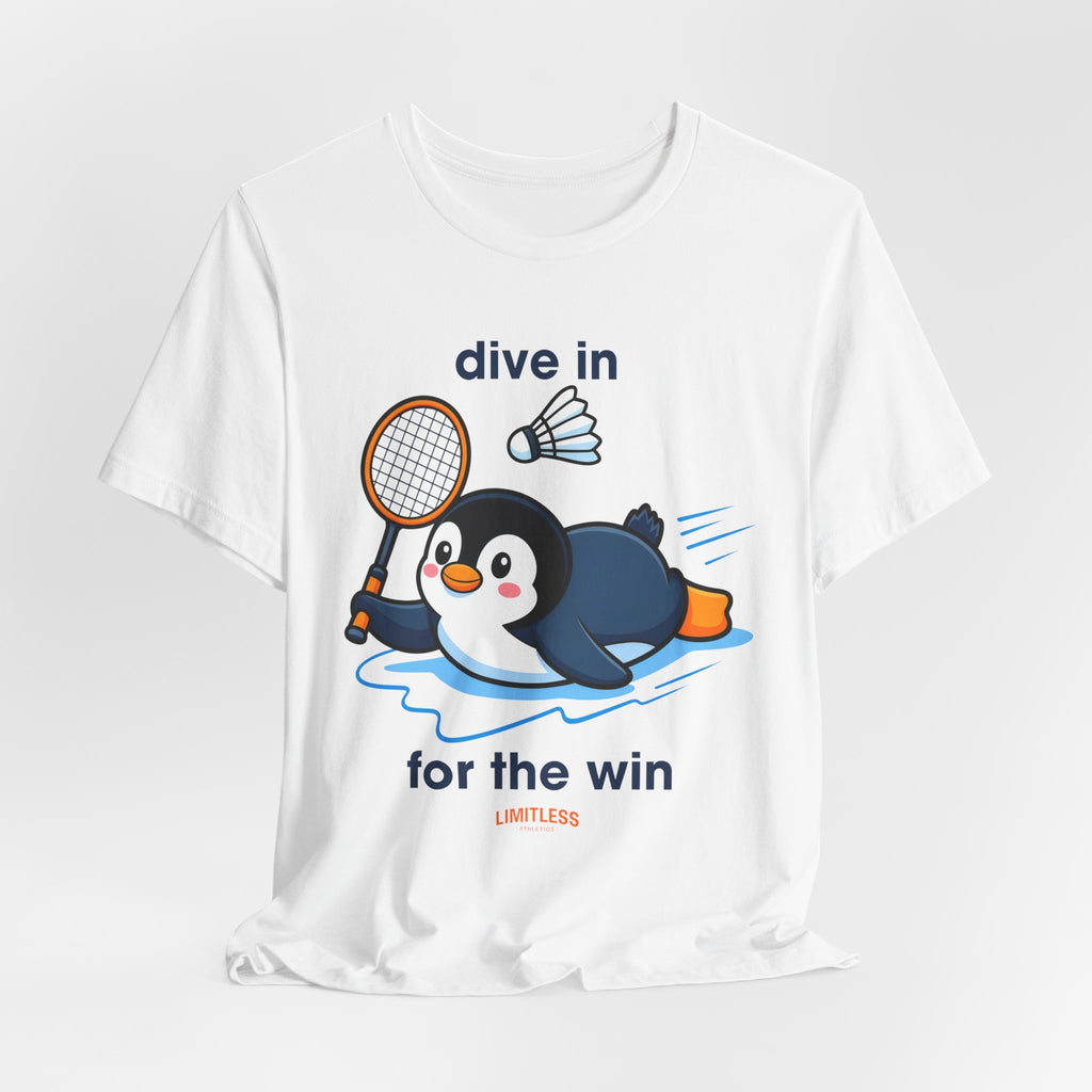 Penguin Badminton Tee — "Dive In for the Win" Cute Sports Graphic T-Shirt