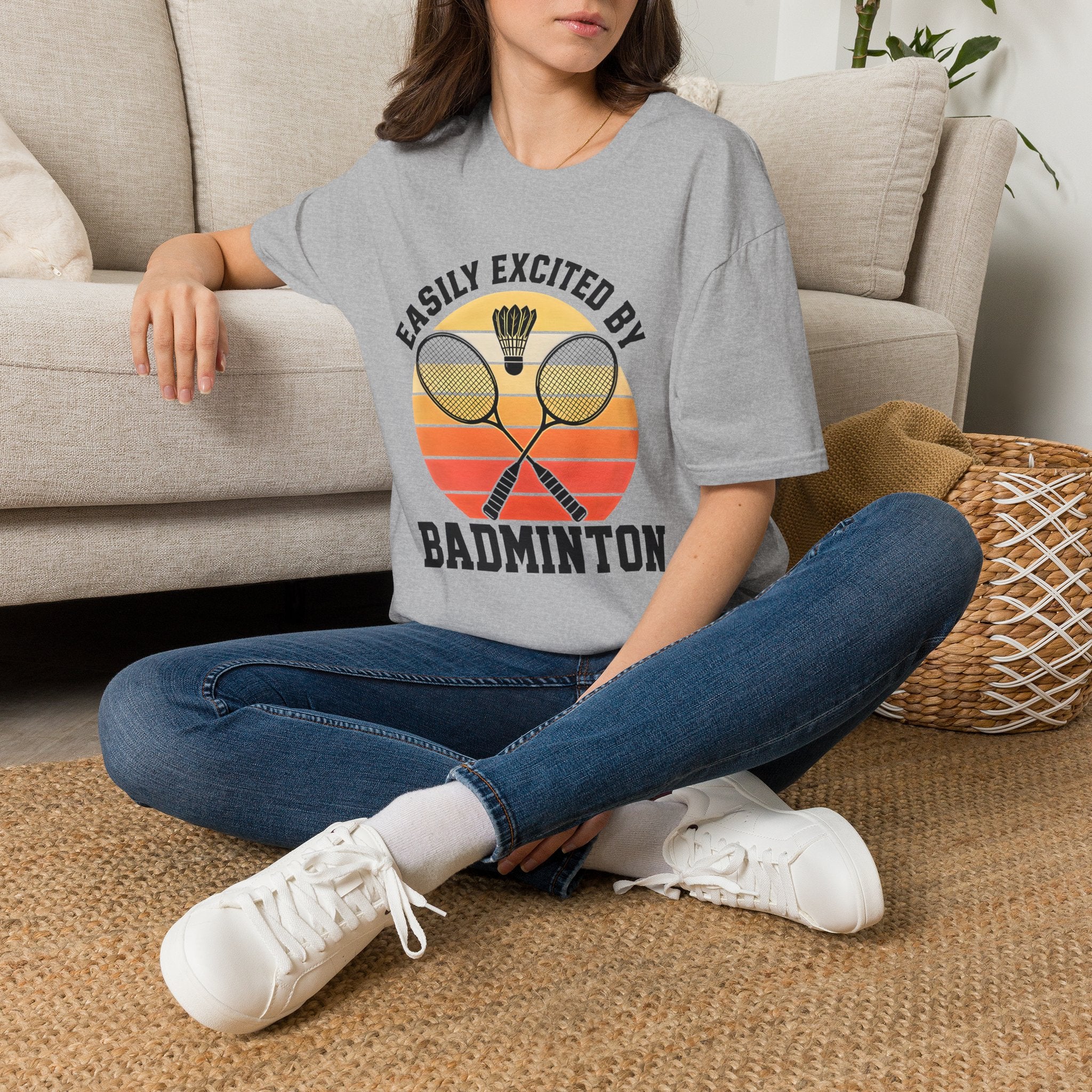 Badminton T-Shirt — "Easily Excited by Badminton" Retro Racket & Shuttle Tee