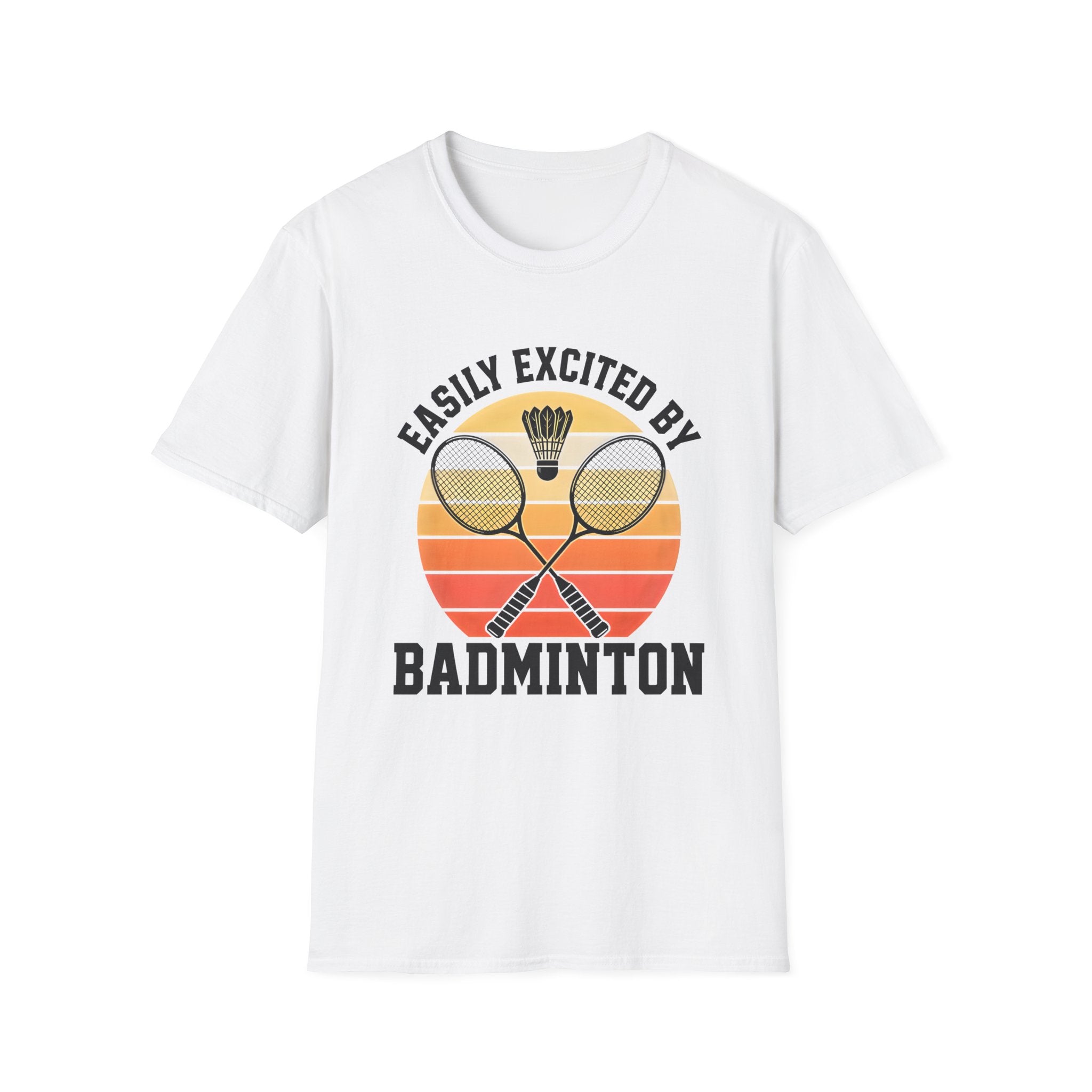 Badminton T-Shirt — "Easily Excited by Badminton" Retro Racket & Shuttle Tee