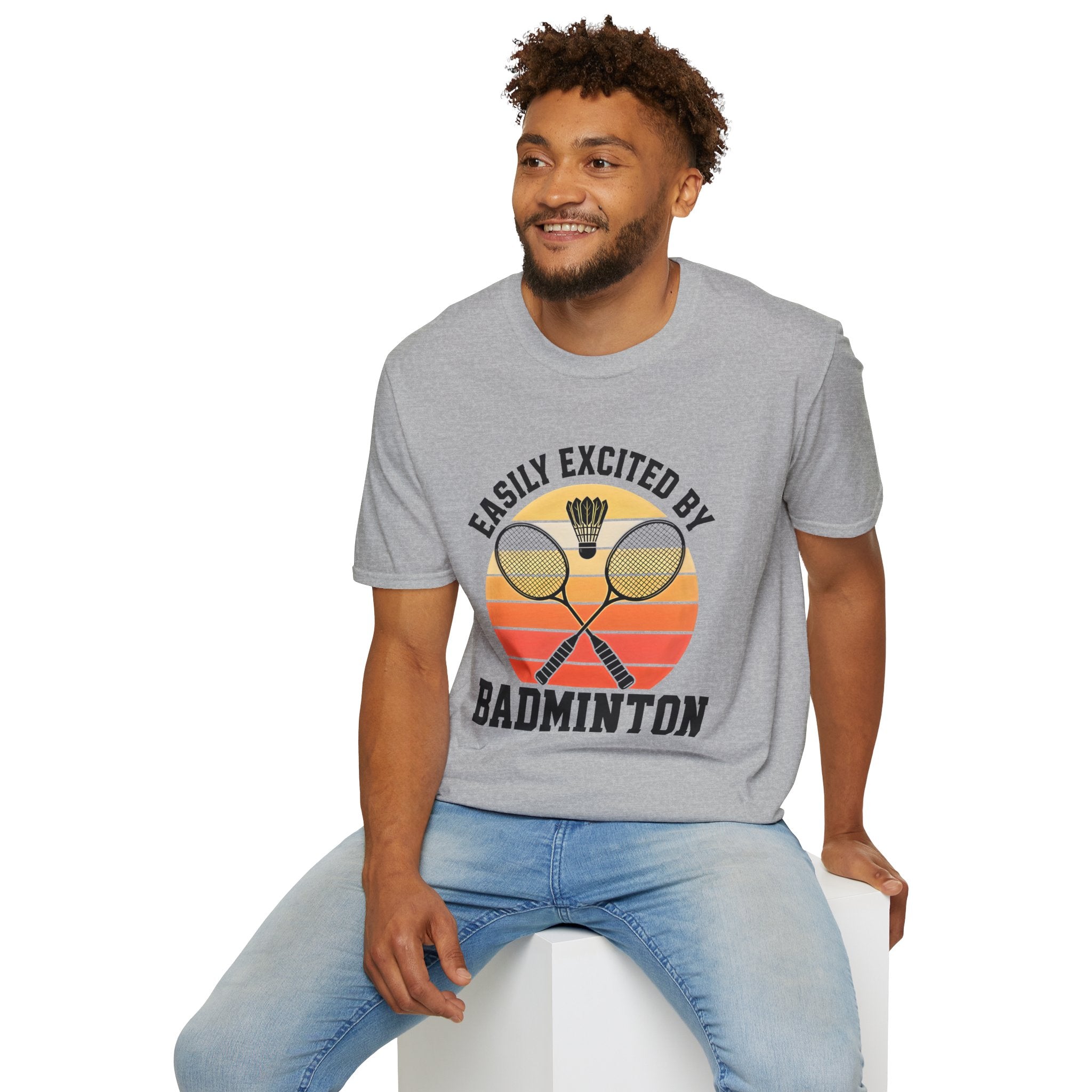 Badminton T-Shirt — "Easily Excited by Badminton" Retro Racket & Shuttle Tee