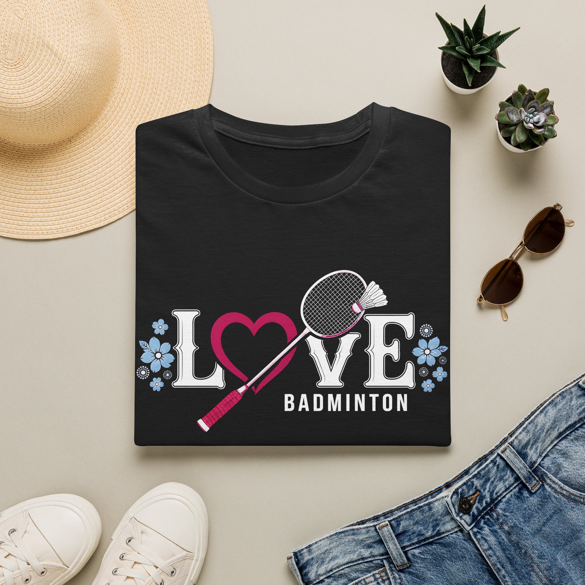 Love Badminton T-Shirt — Heart & Racket Floral Design