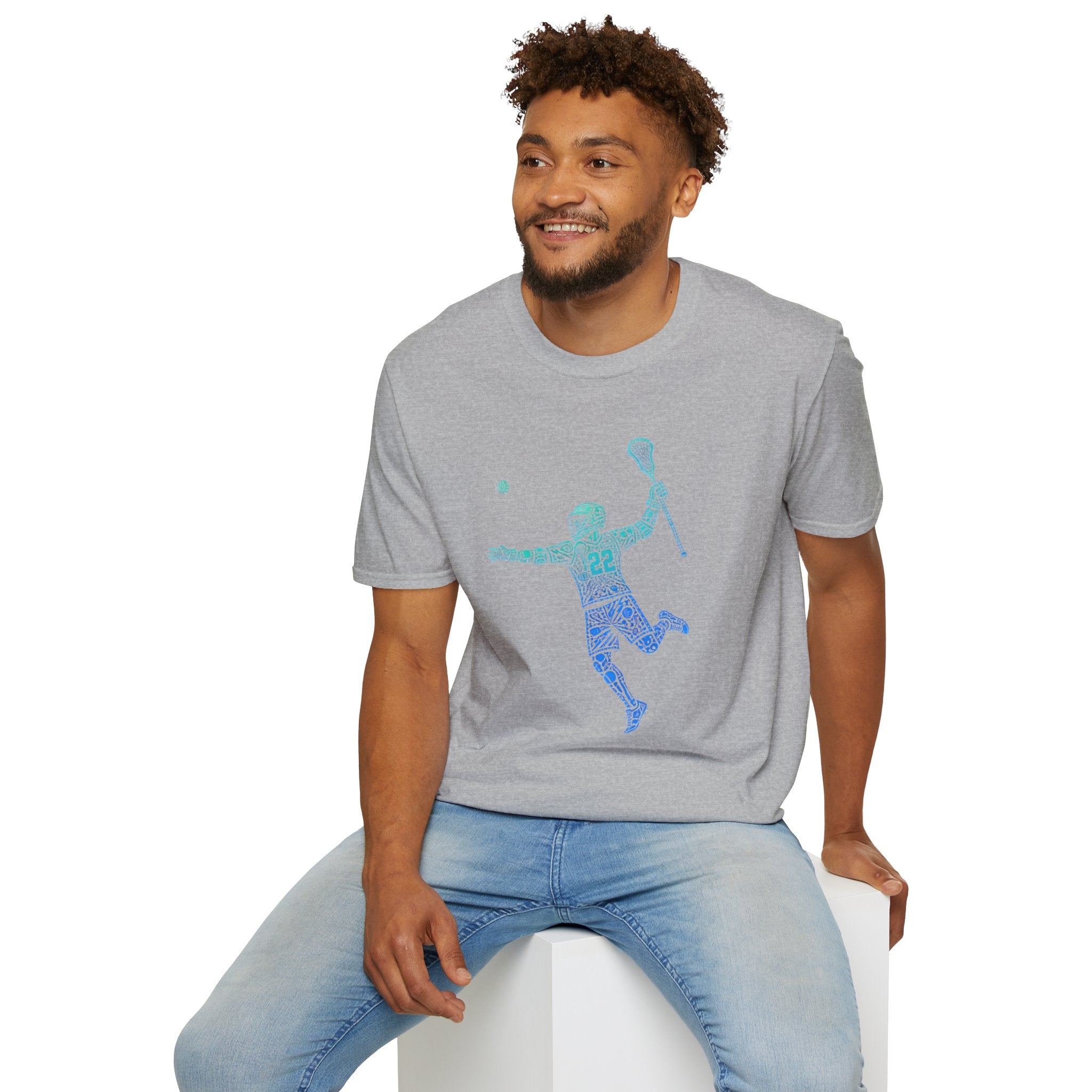 Lacrosse Player Graphic T-Shirt — Blue Gradient Stick Figure with Number 22