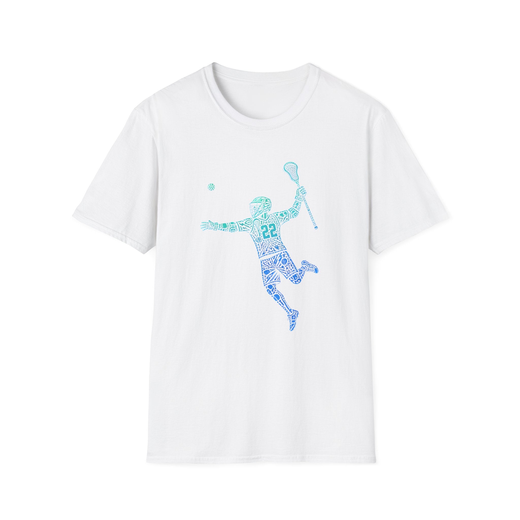 Lacrosse Player Graphic T-Shirt — Blue Gradient Stick Figure with Number 22