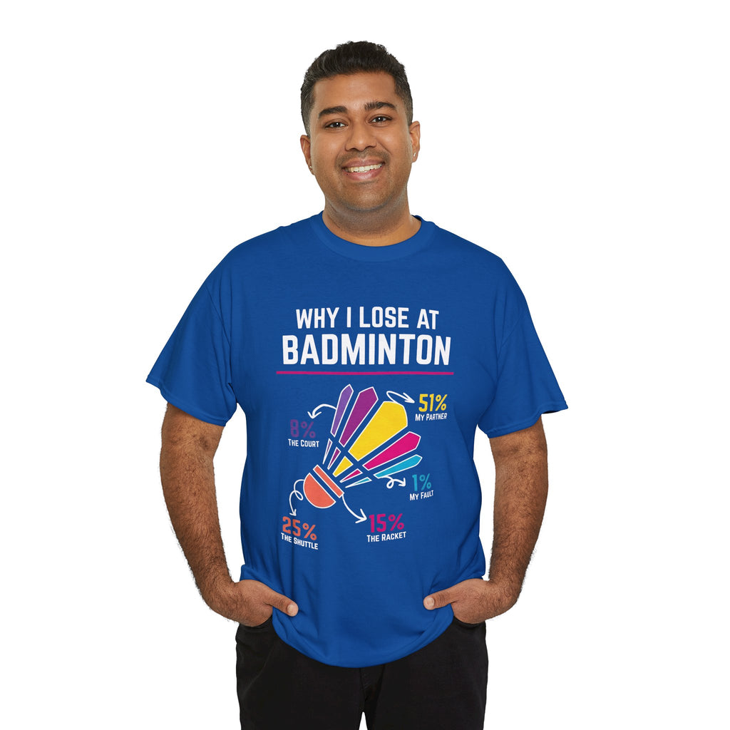 Badminton Graphic Tee — "Why I Lose at Badminton" Funny Shuttlecock Stats T-Shirt