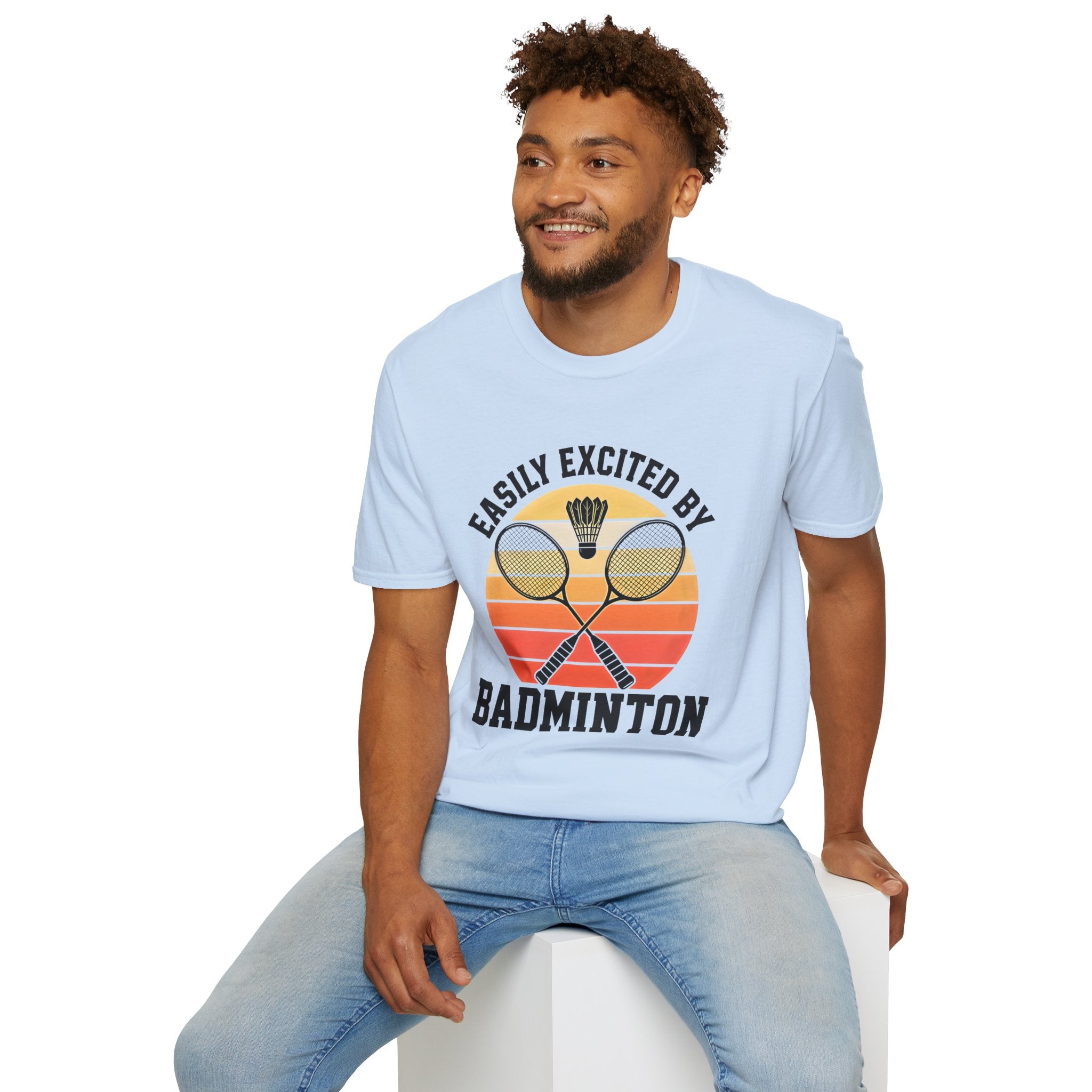 Badminton T-Shirt — "Easily Excited by Badminton" Retro Racket & Shuttle Tee