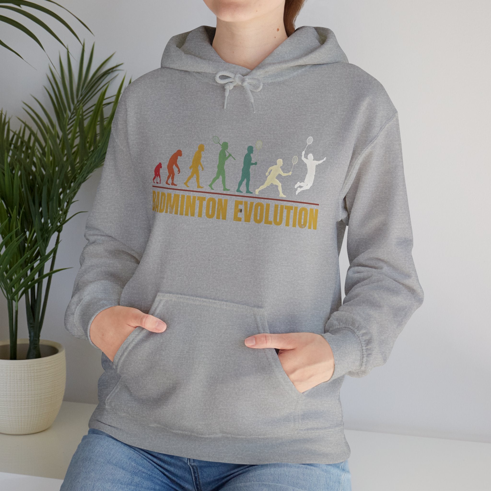 Badminton Evolution Hoodie — Retro Player Silhouette Badminton Sweatshirt