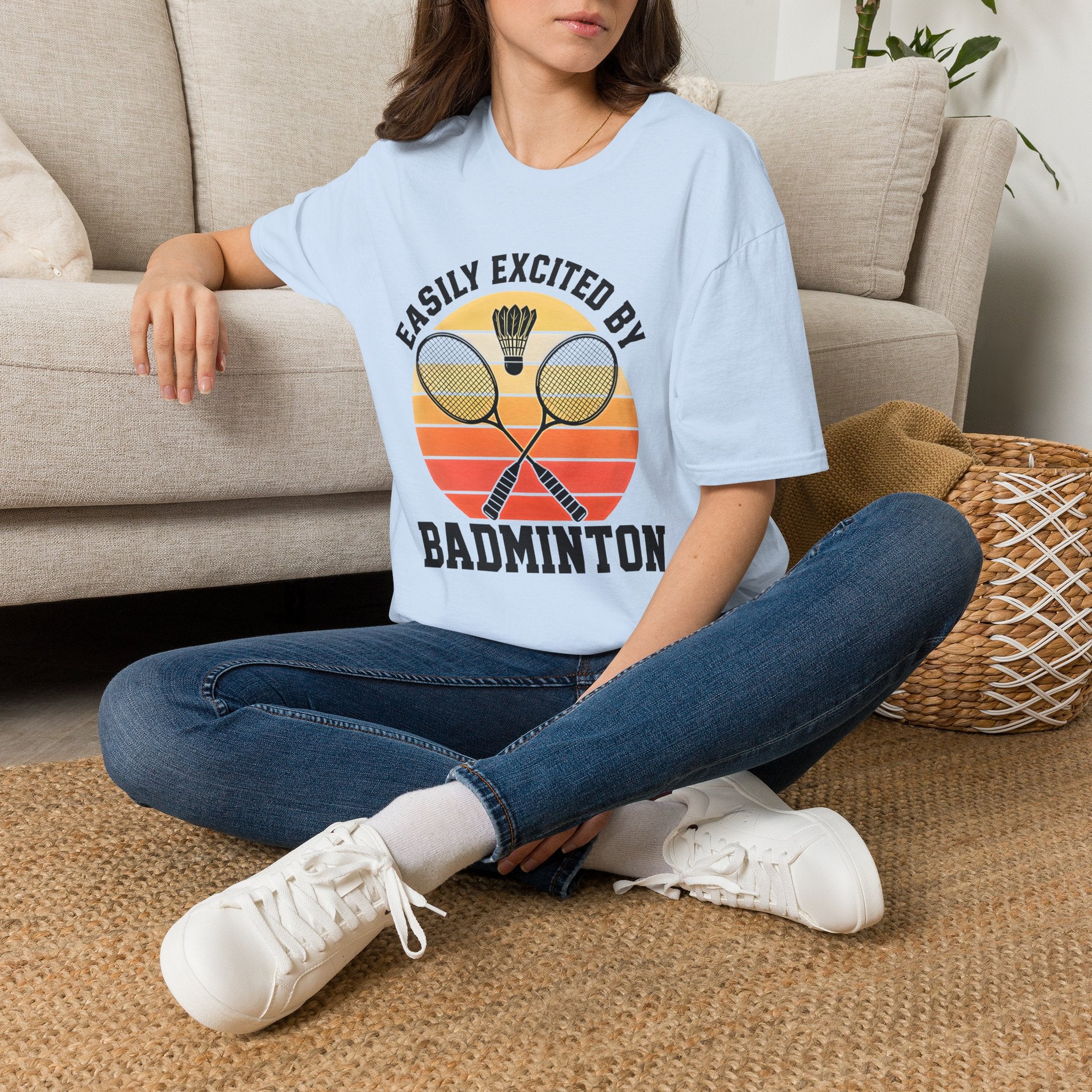 Badminton T-Shirt — "Easily Excited by Badminton" Retro Racket & Shuttle Tee