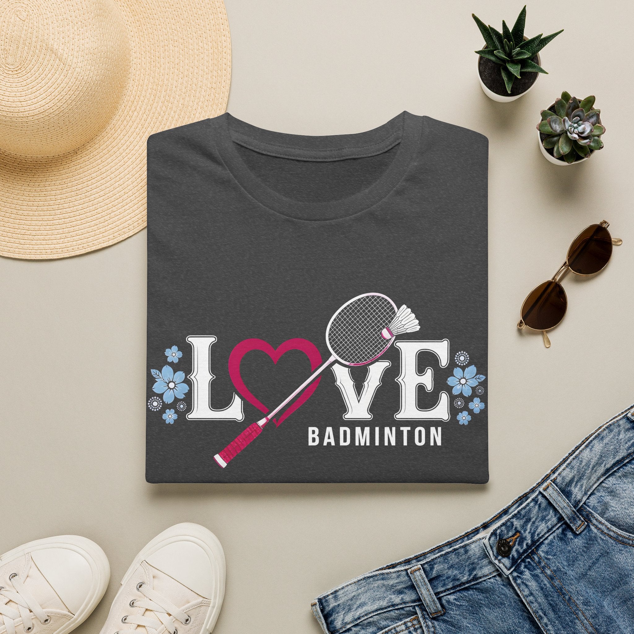 Love Badminton T-Shirt — Heart & Racket Floral Design