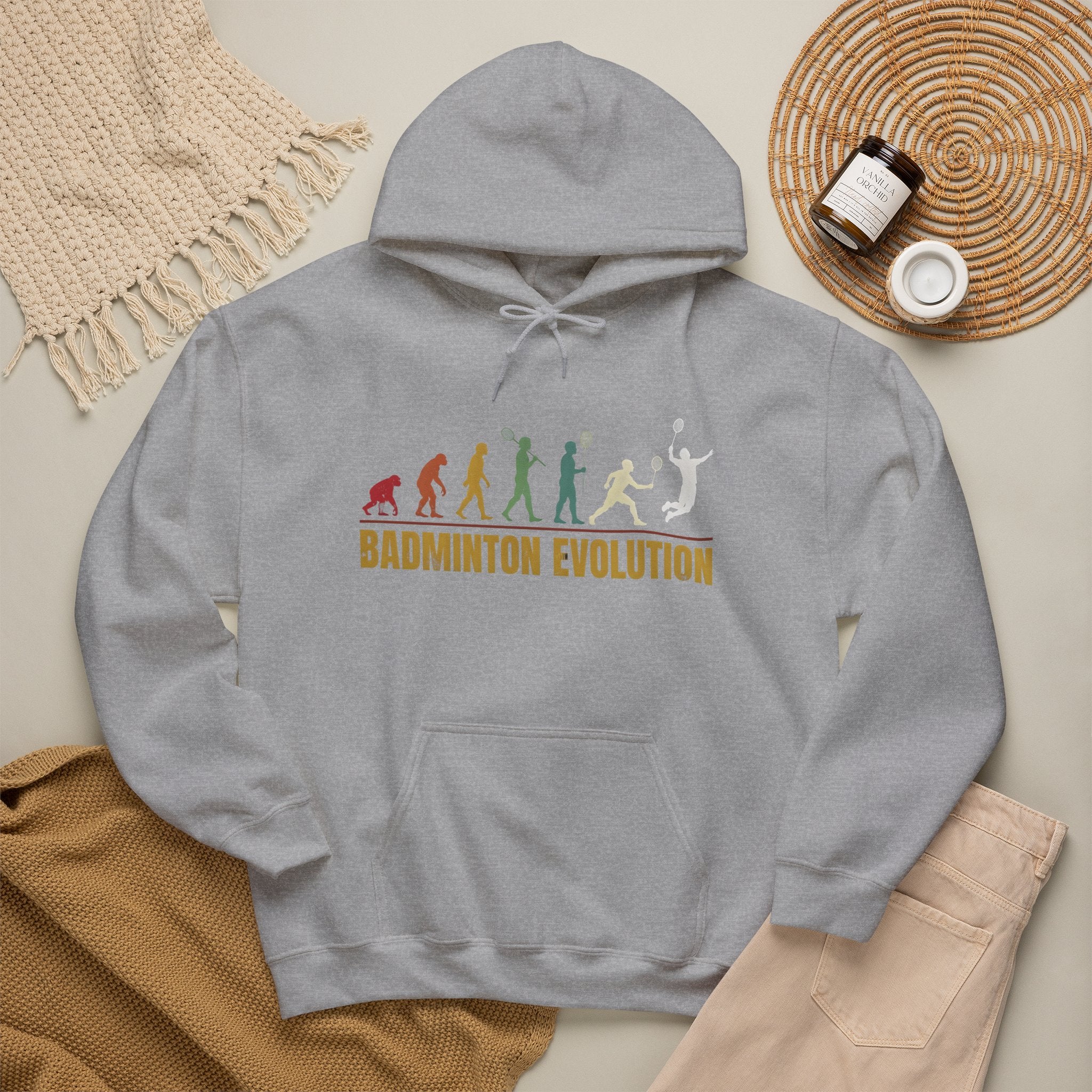 Badminton Evolution Hoodie — Retro Player Silhouette Badminton Sweatshirt