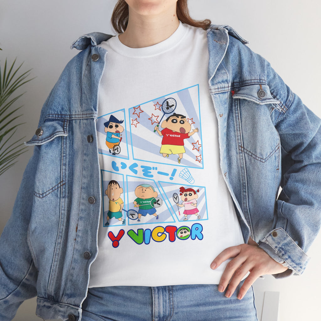 Crayon Shin-chan Cartoon Panel T-Shirt – Colorful Graphic Badminton Tee