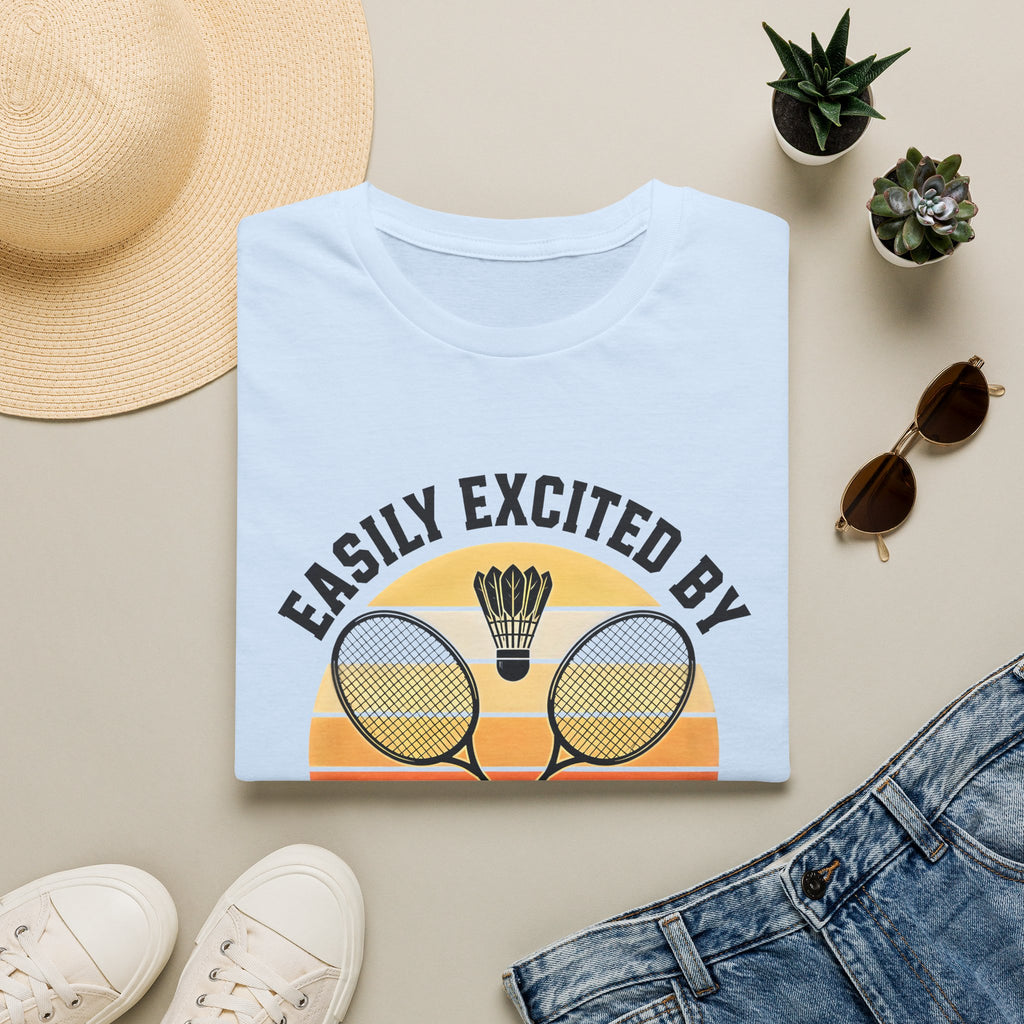 Badminton T-Shirt — "Easily Excited by Badminton" Retro Racket & Shuttle Tee