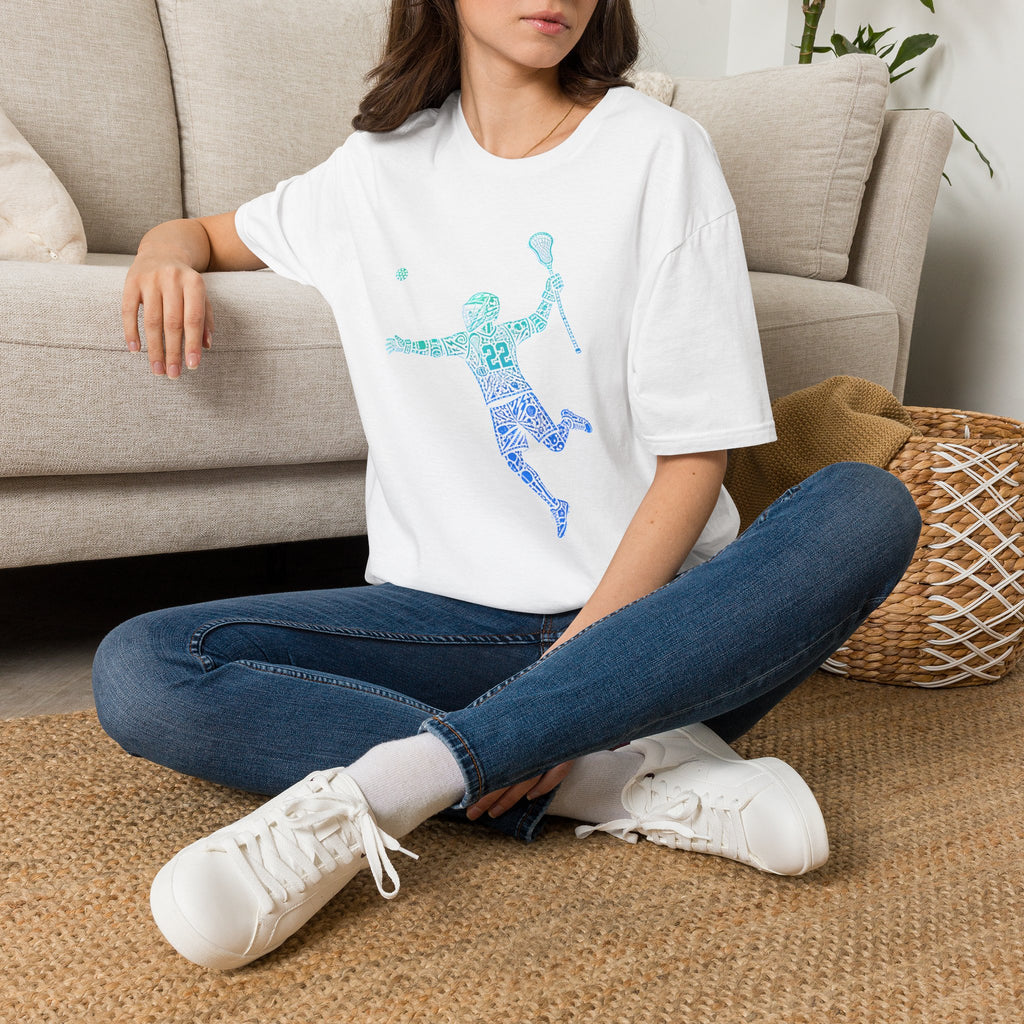 Lacrosse Player Graphic T-Shirt — Blue Gradient Stick Figure with Number 22