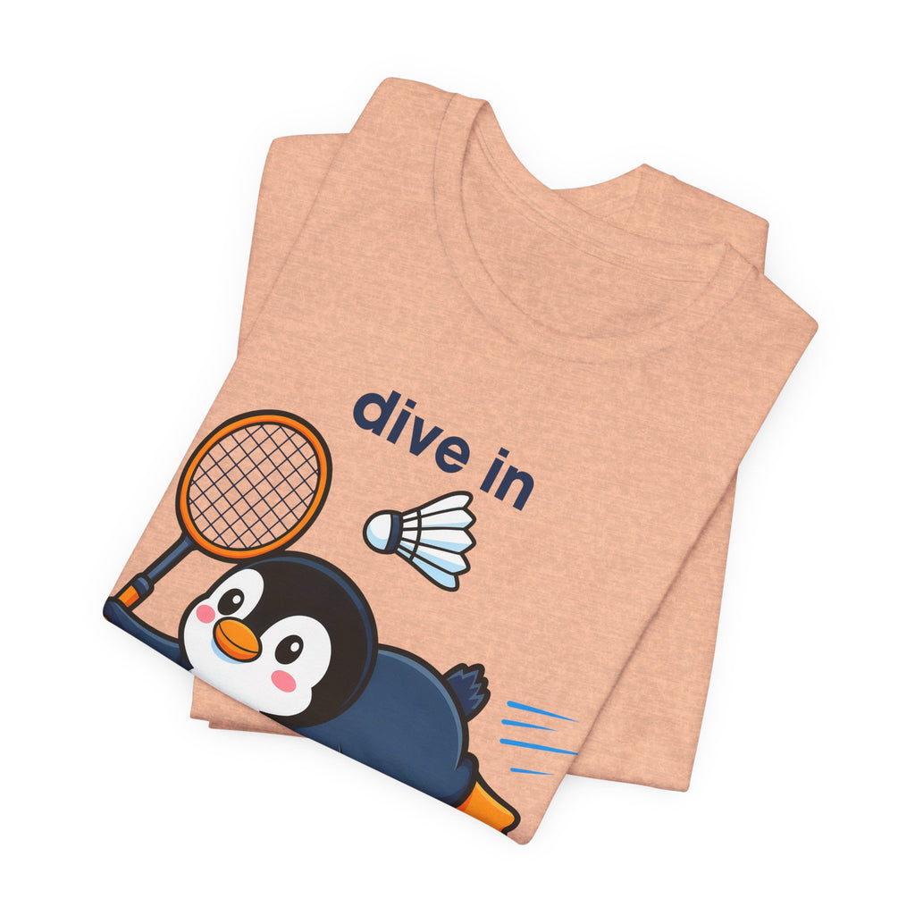 Penguin Badminton Tee — "Dive In for the Win" Cute Sports Graphic T-Shirt