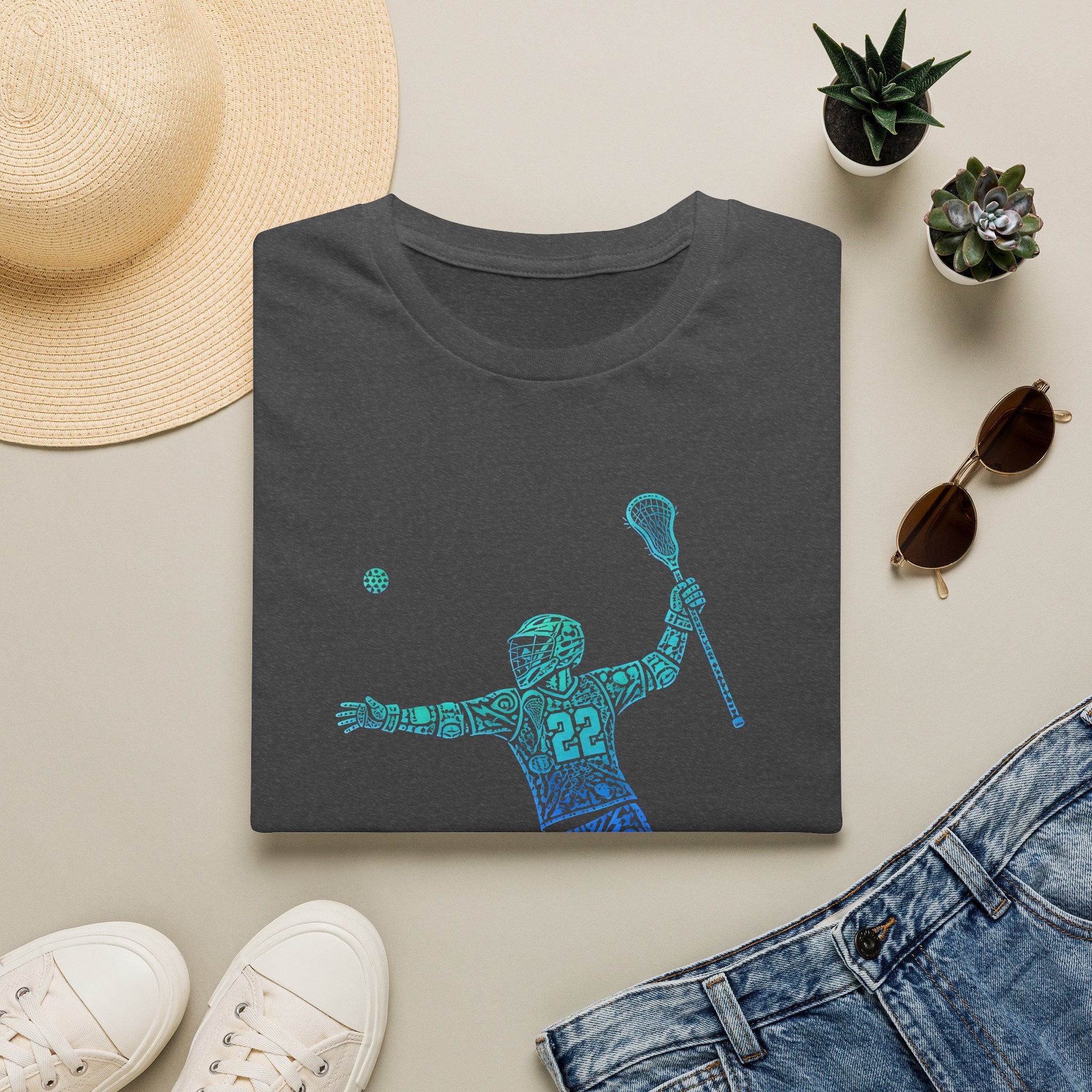 Lacrosse Player Graphic T-Shirt — Blue Gradient Stick Figure with Number 22