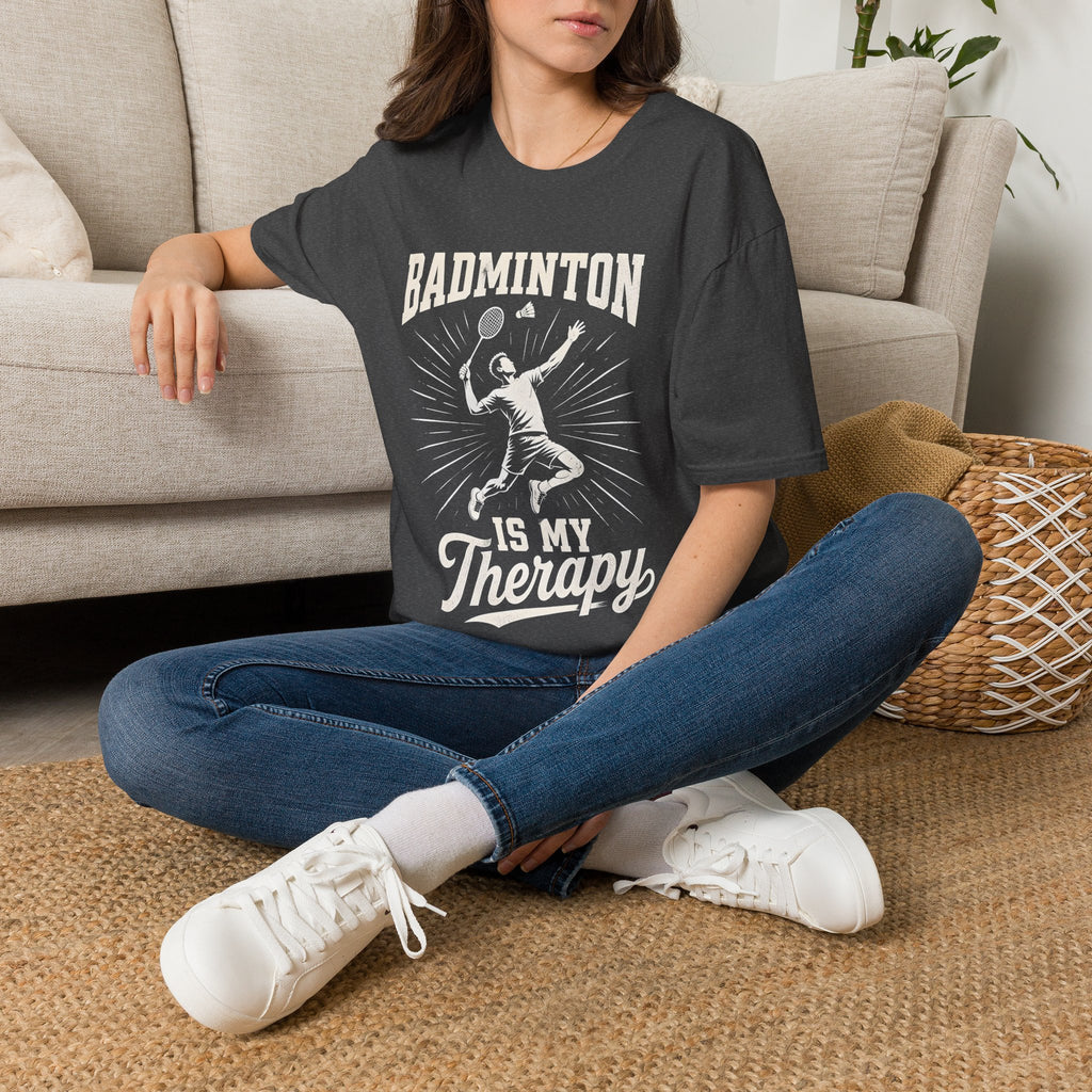 Badminton T-Shirt — "Badminton Is My Therapy" Retro Player Graphic