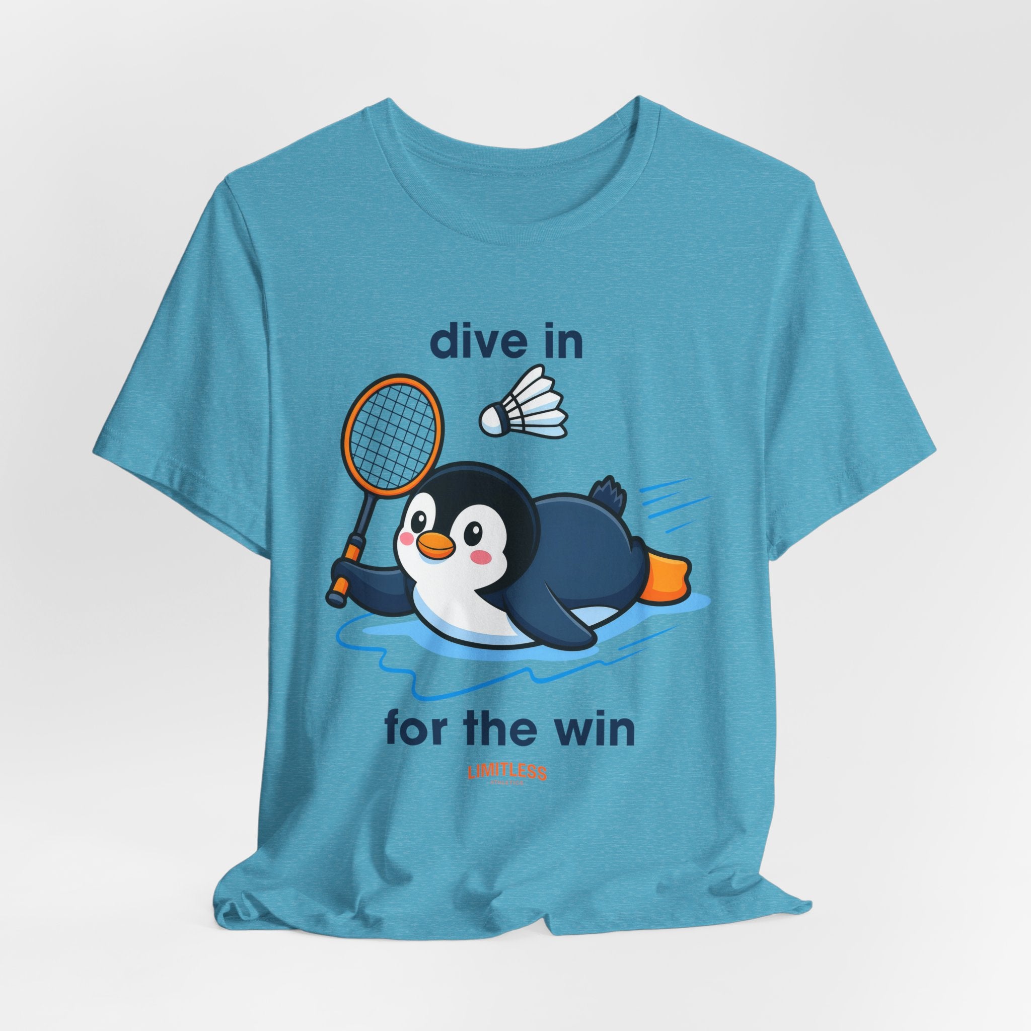 Penguin Badminton Tee — "Dive In for the Win" Cute Sports Graphic T-Shirt