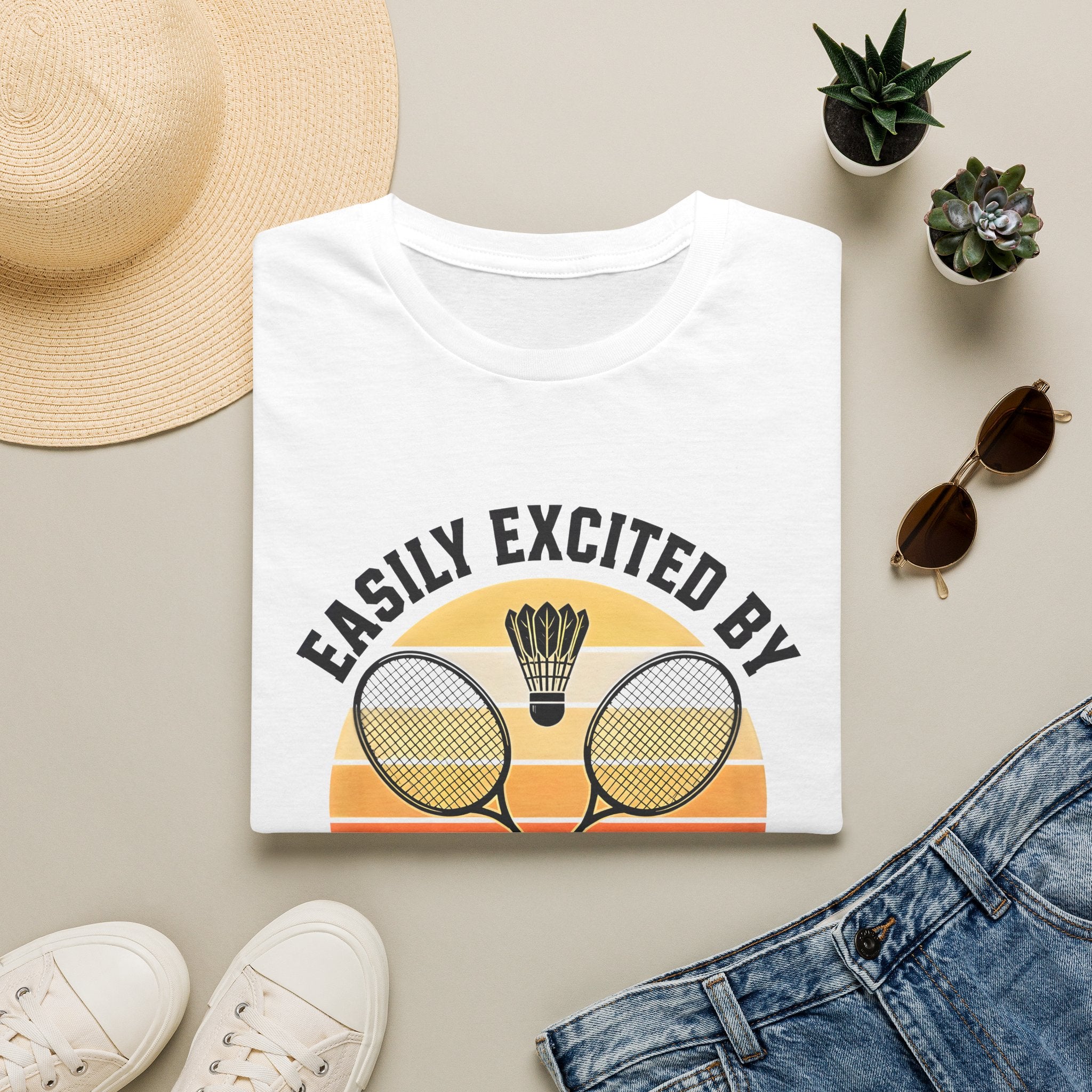 Badminton T-Shirt — "Easily Excited by Badminton" Retro Racket & Shuttle Tee