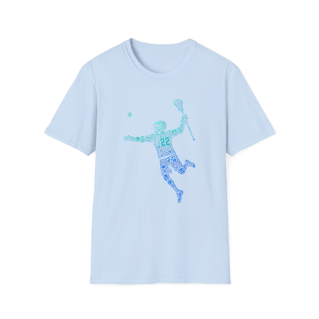 Lacrosse Player Graphic T-Shirt — Blue Gradient Stick Figure with Number 22