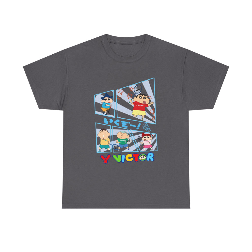 Crayon Shin-chan Cartoon Panel T-Shirt – Colorful Graphic Badminton Tee